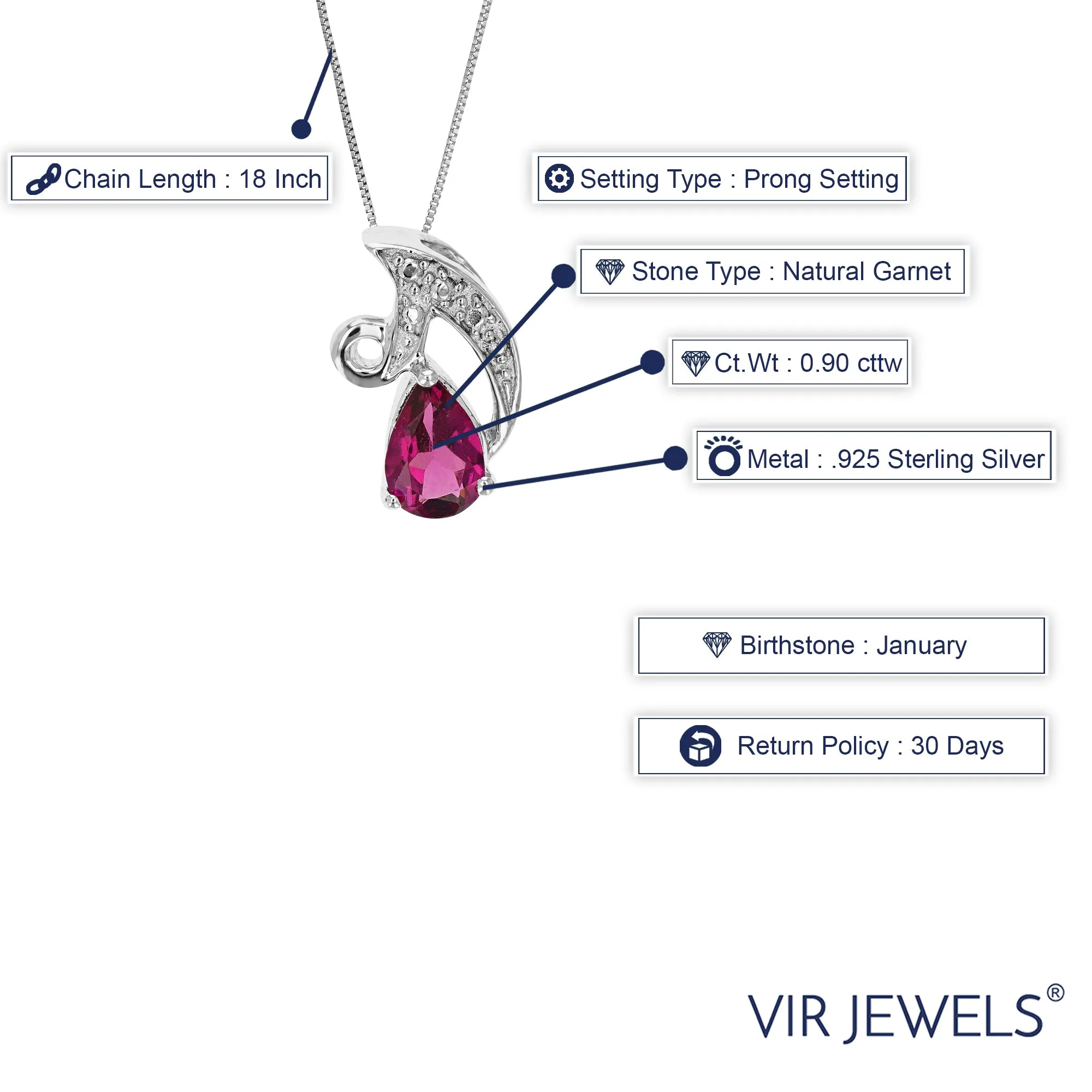 0.90 cttw Pendant Necklace, Garnet Pear Shape Pendant Necklace for Women in .925 Sterling Silver with Rhodium, 18 Inch Chain, Prong Setting