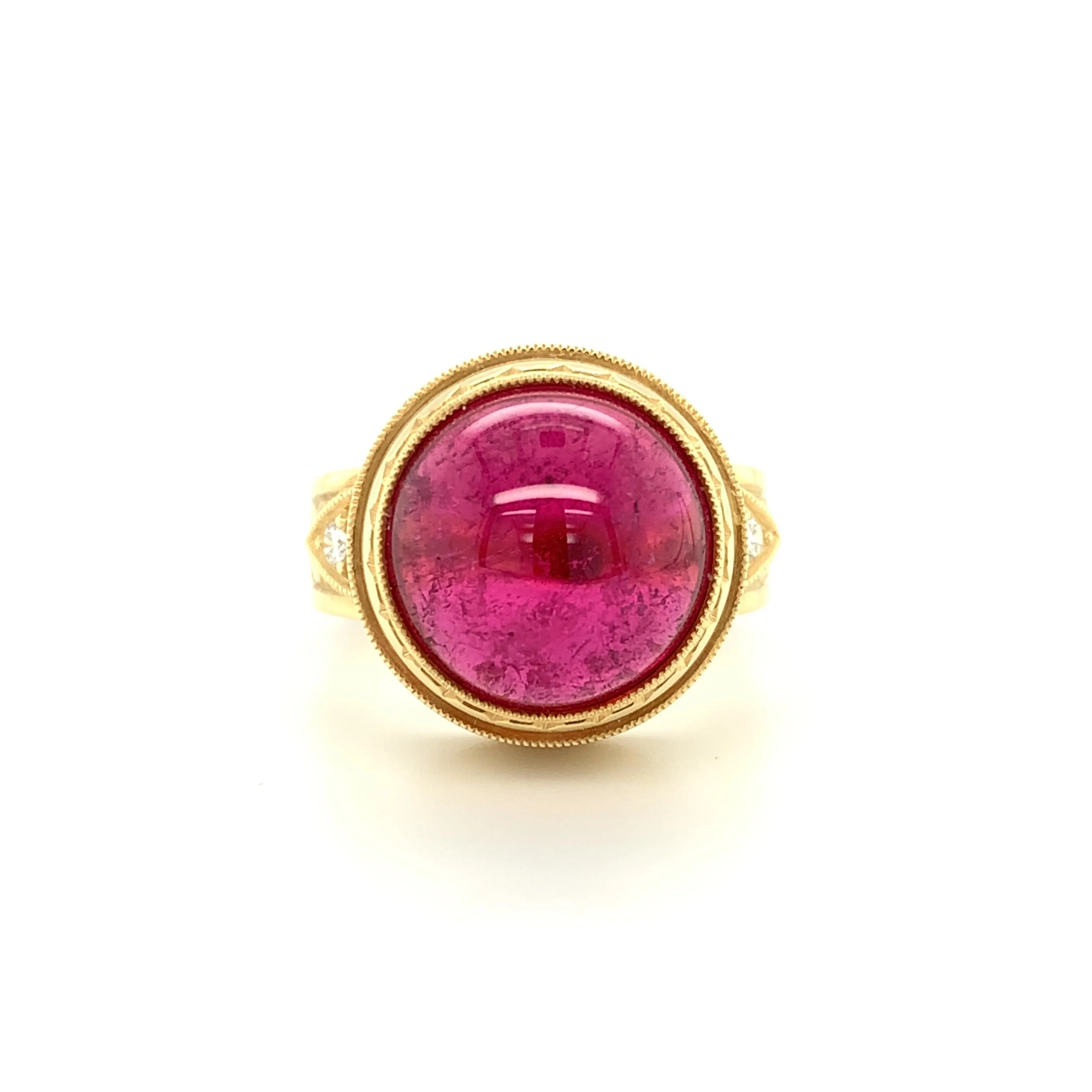 10.75 Carat Rubellite Tourmaline Cabochon Diamond Yellow Gold Engraved Band Ring