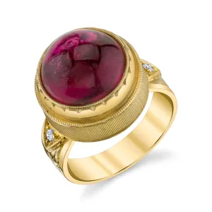 10.75 Carat Rubellite Tourmaline Cabochon Diamond Yellow Gold Engraved Band Ring