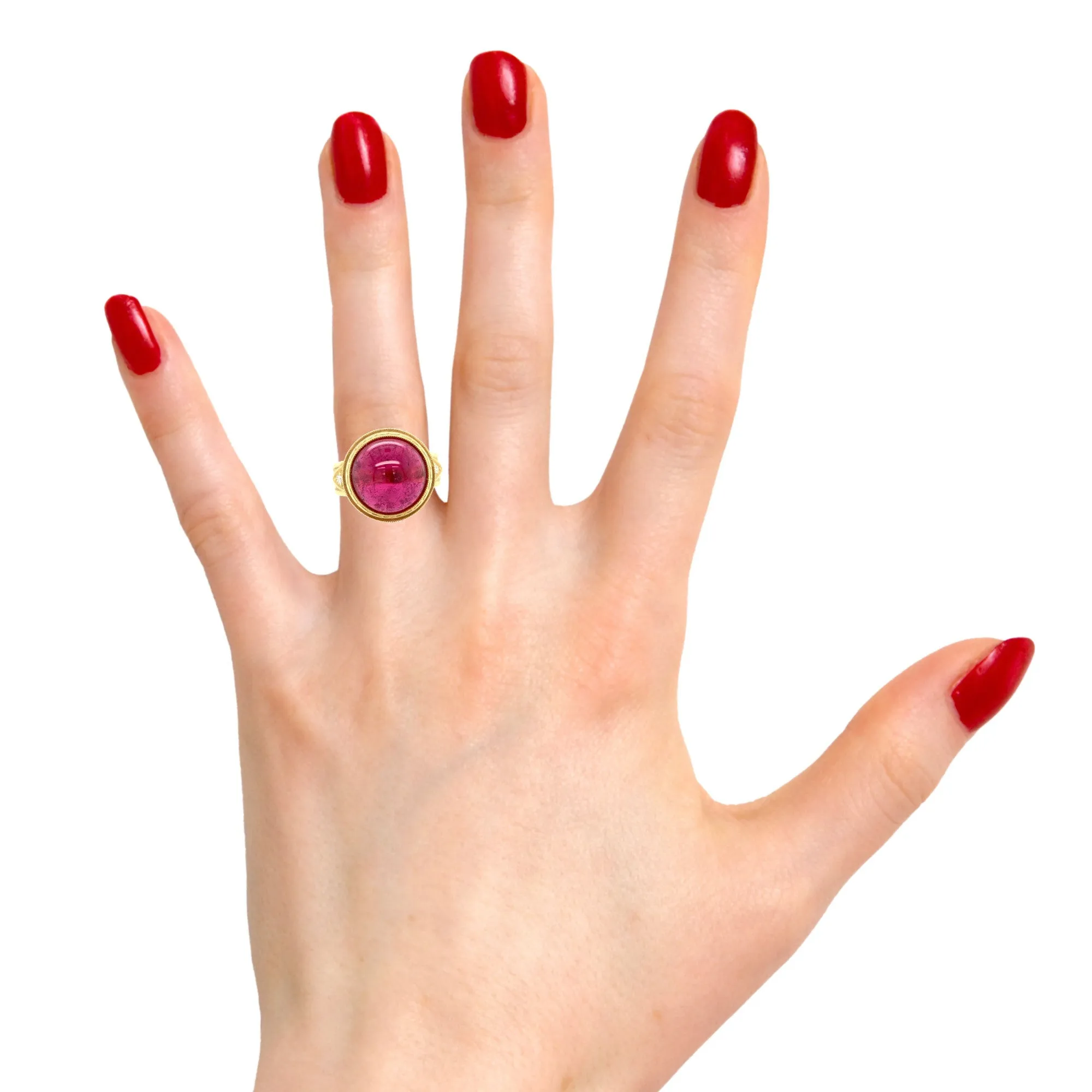 10.75 Carat Rubellite Tourmaline Cabochon Diamond Yellow Gold Engraved Band Ring