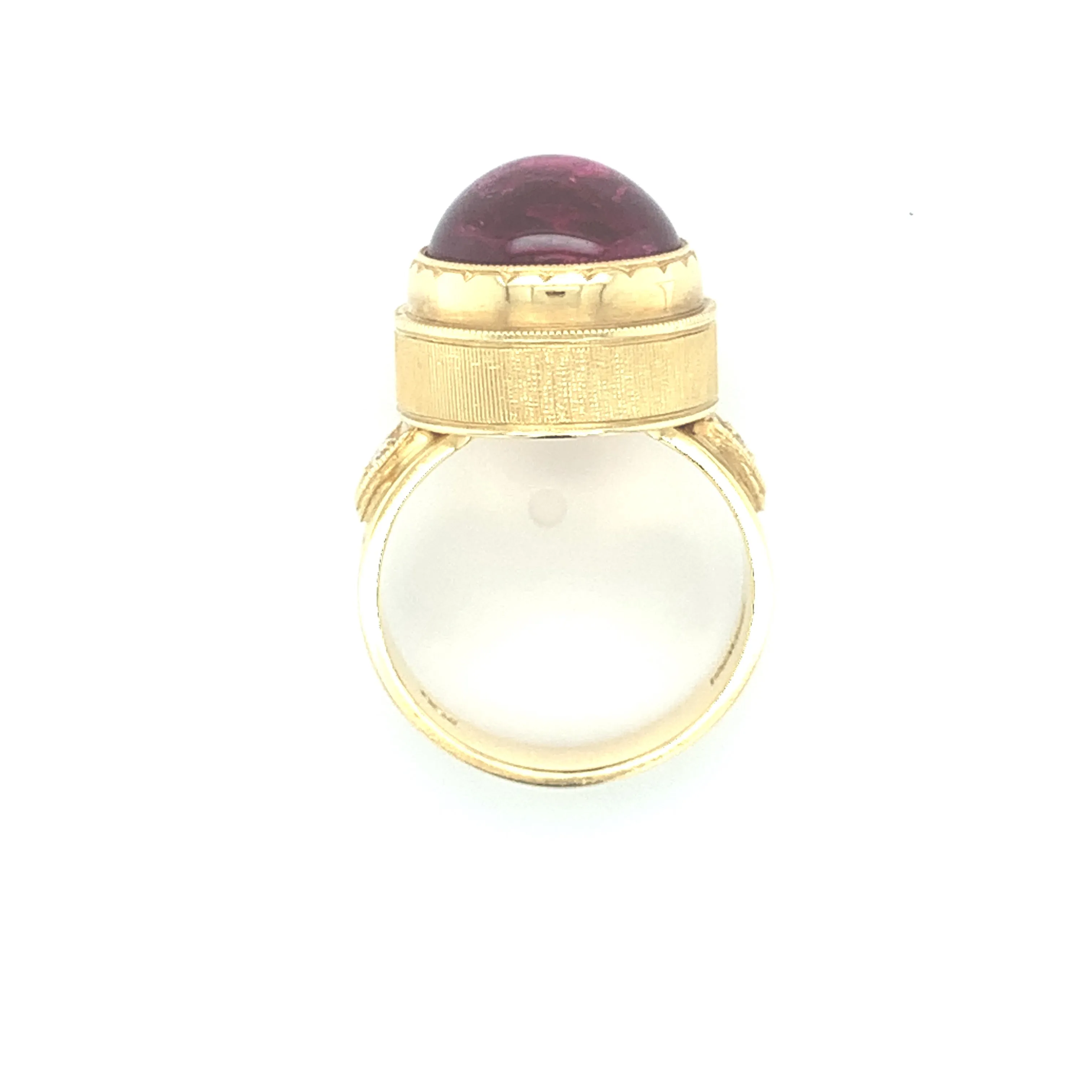 10.75 Carat Rubellite Tourmaline Cabochon Diamond Yellow Gold Engraved Band Ring