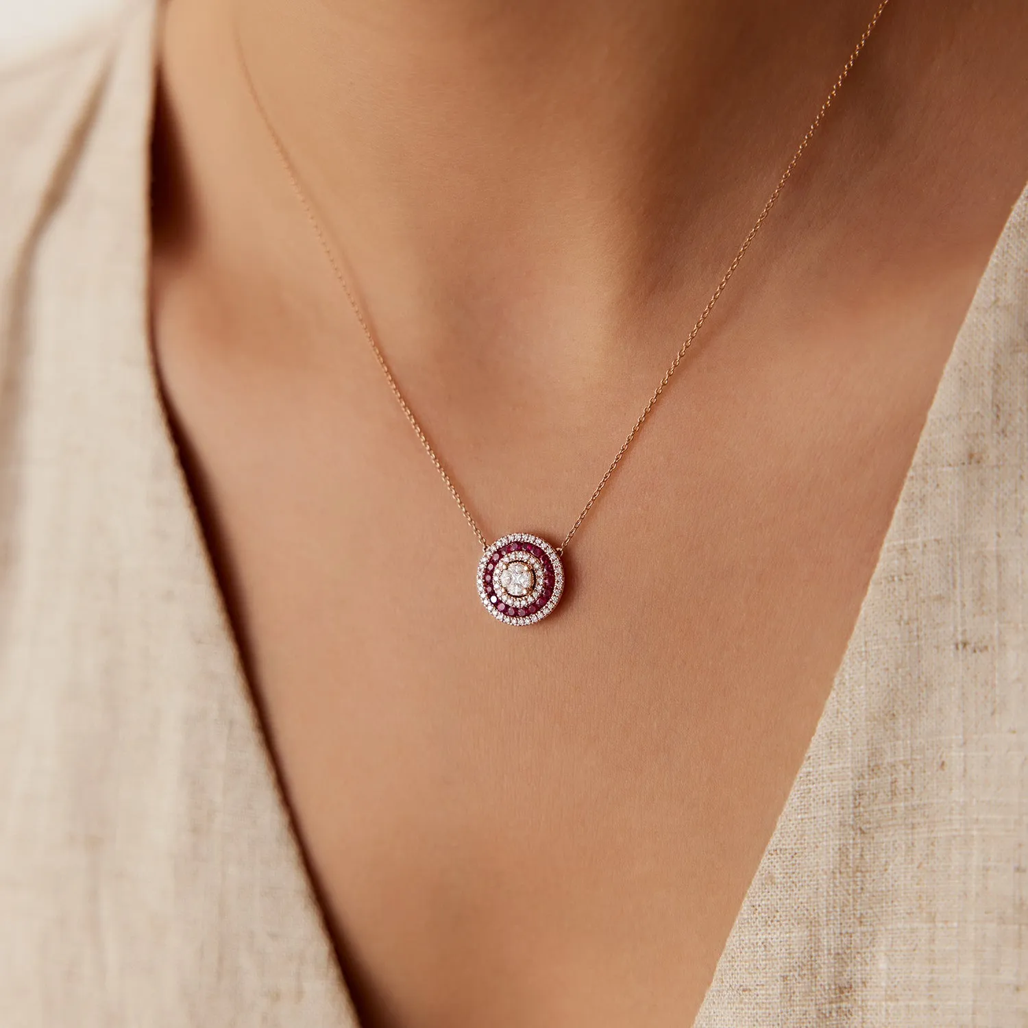 14K Gold Round Diamond Ruby Necklace