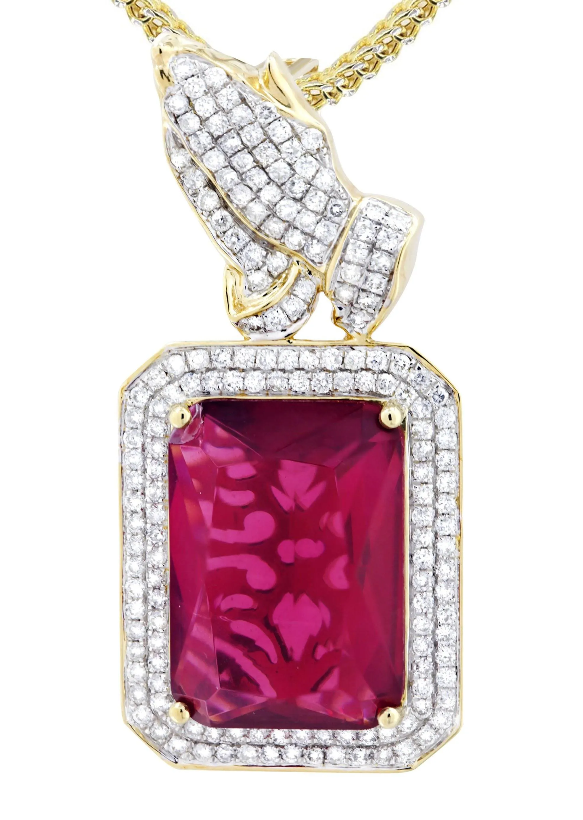 14K Yellow Gold Ruby Praying Hands Diamond Necklace  | 2.91 Carats