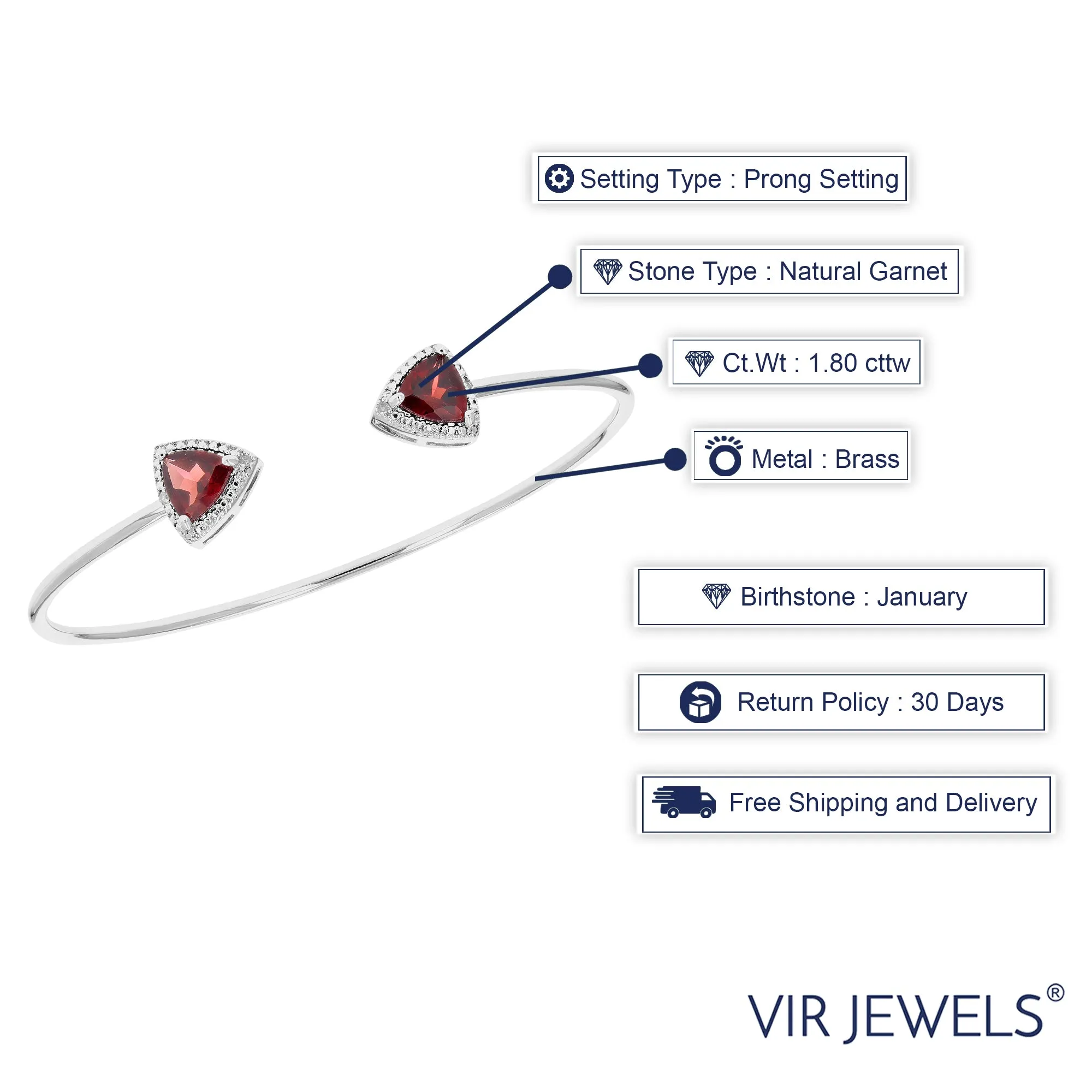 1.80 cttw Garnet Cuff Bangle Bracelet Brass With Rhodium Plating 7 MM Trillion