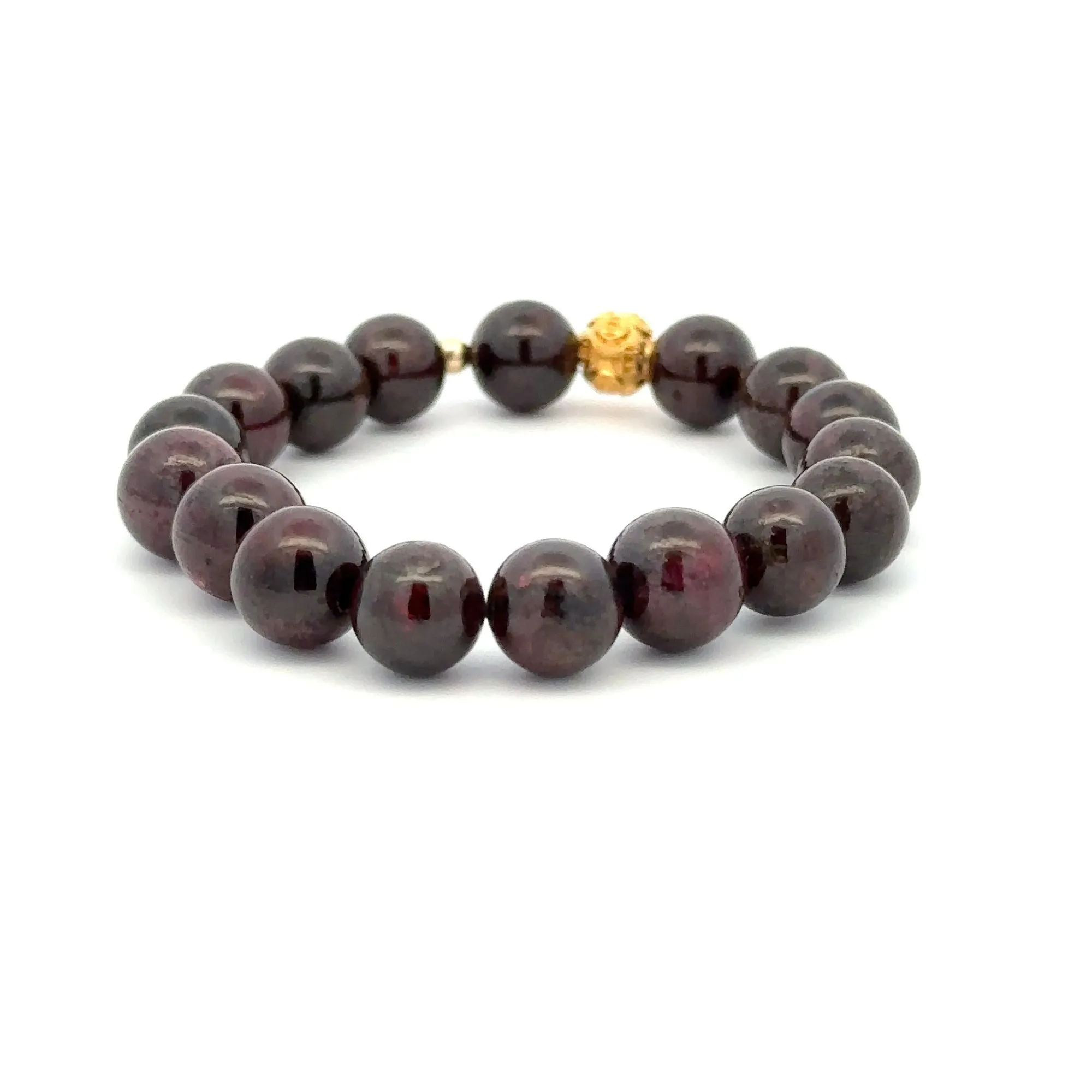 18K Gold Money Ball Lucky Charm Beads Bracelet Gemstones Garnet 8-8.5mm