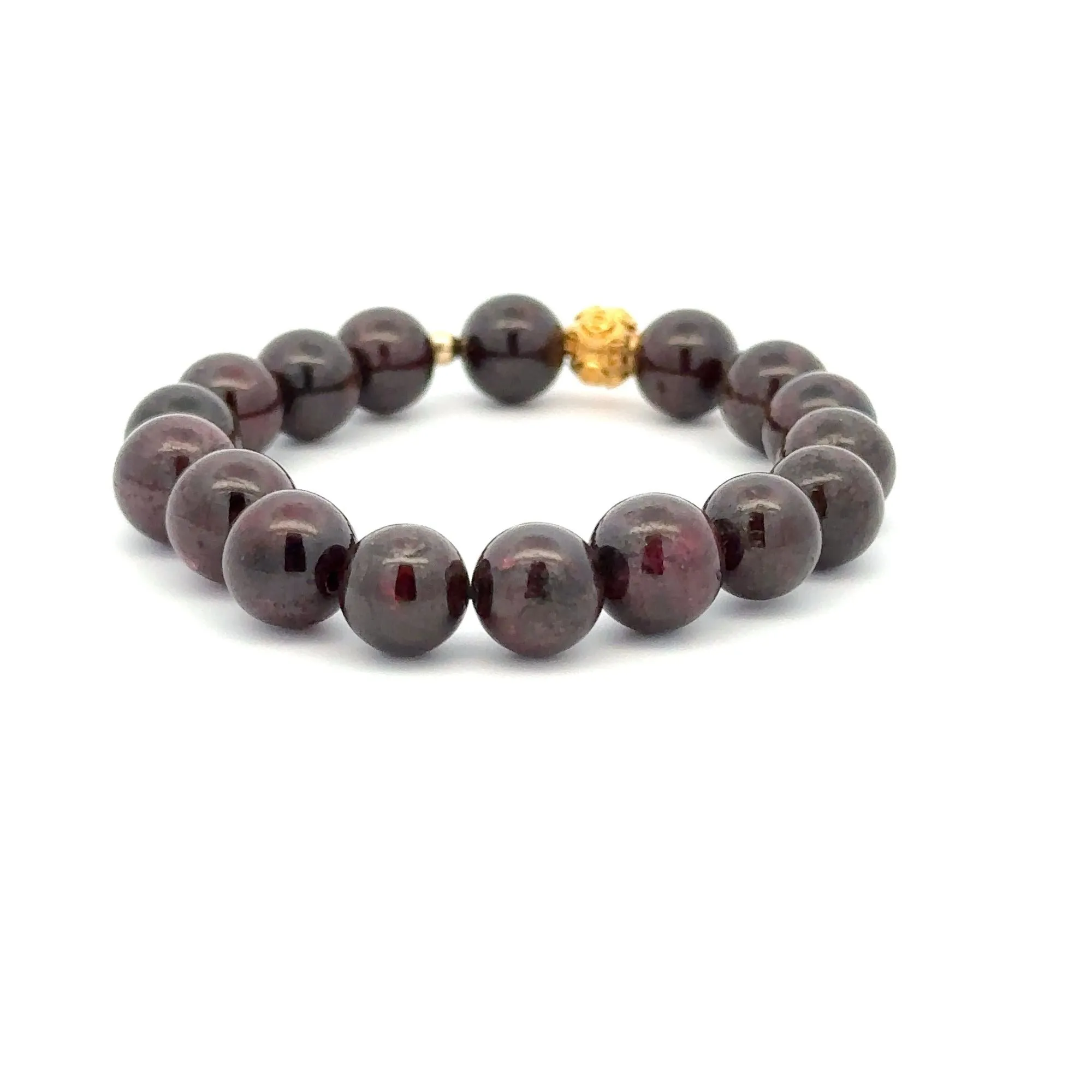 18K Gold Money Ball Lucky Charm Beads Bracelet Gemstones Garnet 8-8.5mm