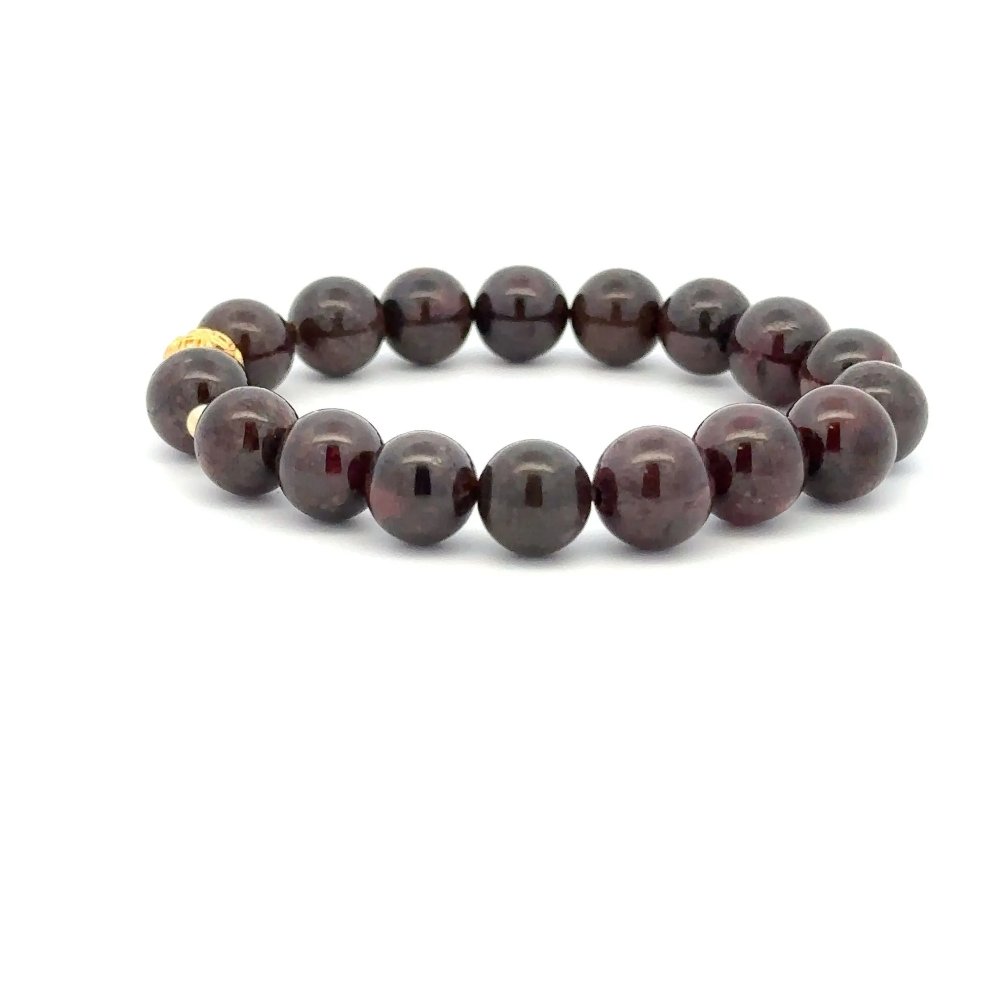 18K Gold Money Ball Lucky Charm Beads Bracelet Gemstones Garnet 8-8.5mm