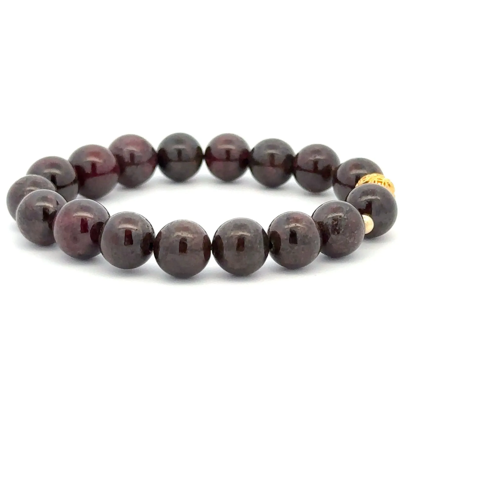 18K Gold Money Ball Lucky Charm Beads Bracelet Gemstones Garnet 8-8.5mm