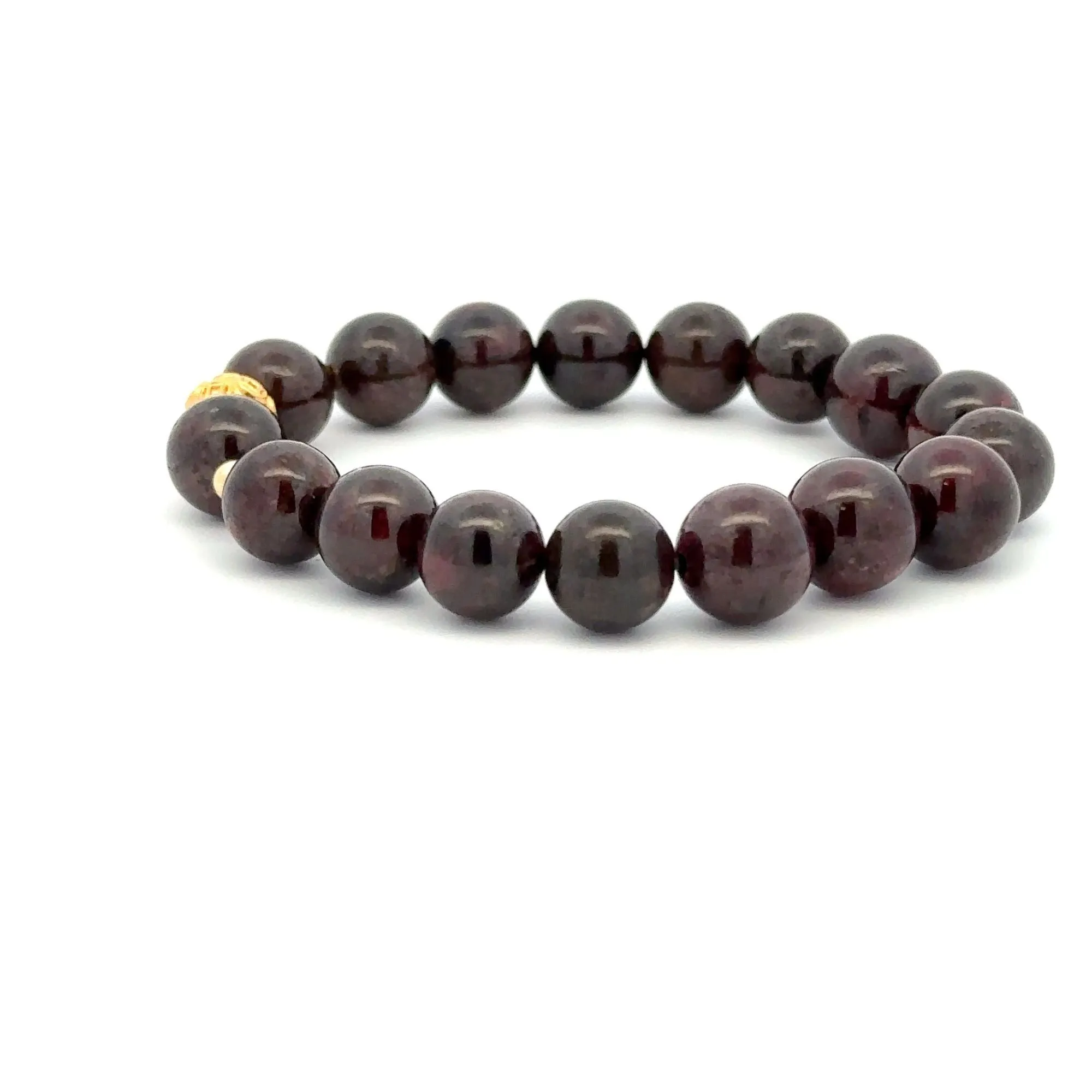 18K Gold Money Ball Lucky Charm Beads Bracelet Gemstones Garnet 8-8.5mm