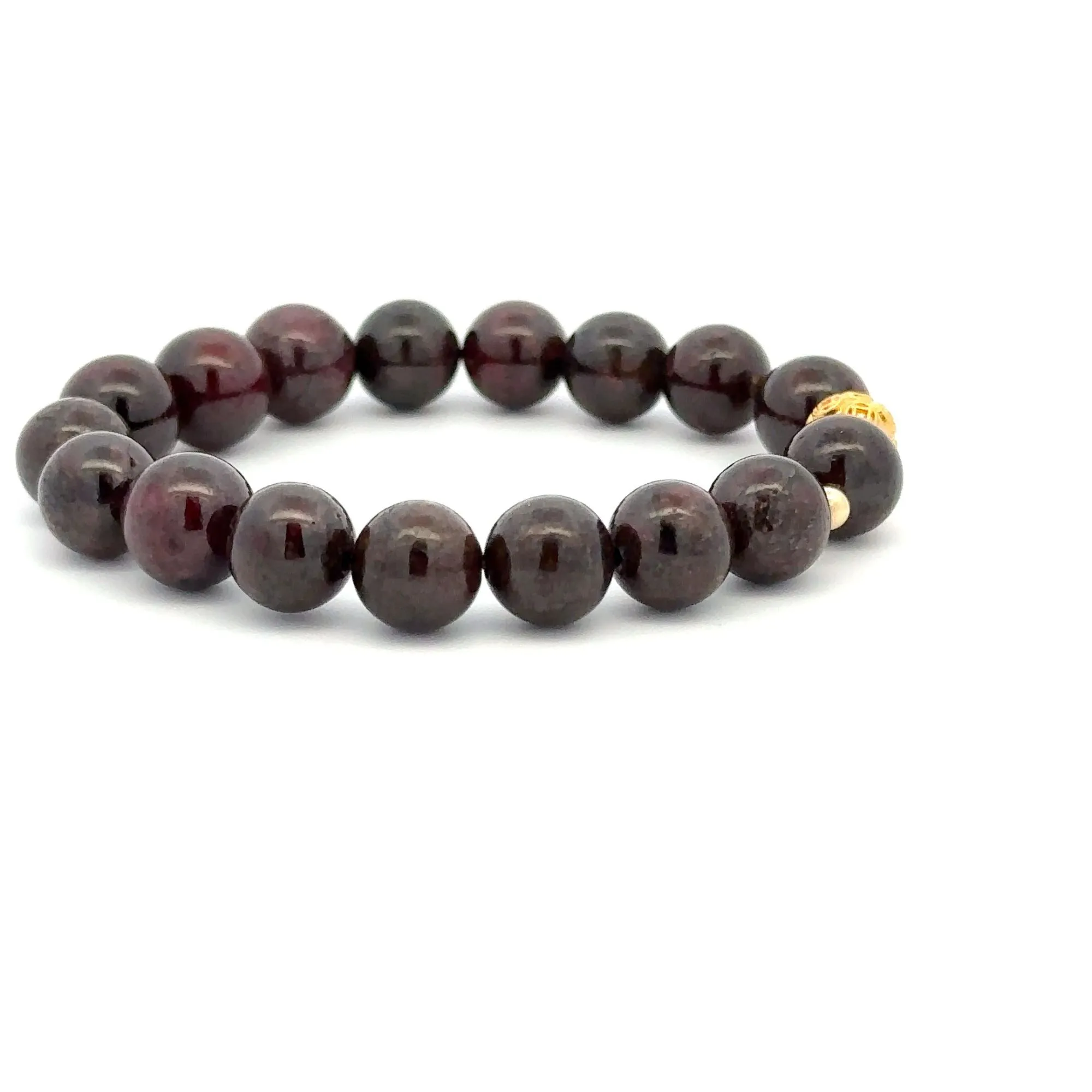 18K Gold Money Ball Lucky Charm Beads Bracelet Gemstones Garnet 8-8.5mm