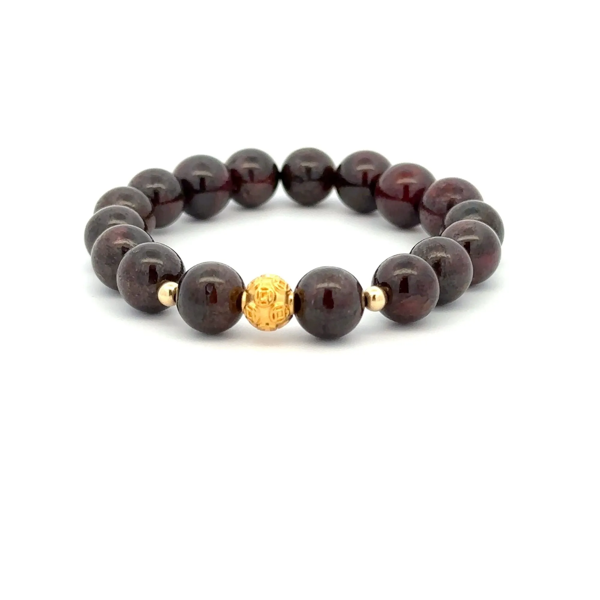 18K Gold Money Ball Lucky Charm Beads Bracelet Gemstones Garnet 8-8.5mm