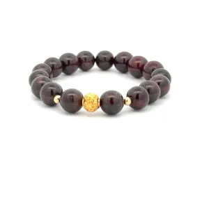 18K Gold Money Ball Lucky Charm Beads Bracelet Gemstones Garnet 8-8.5mm