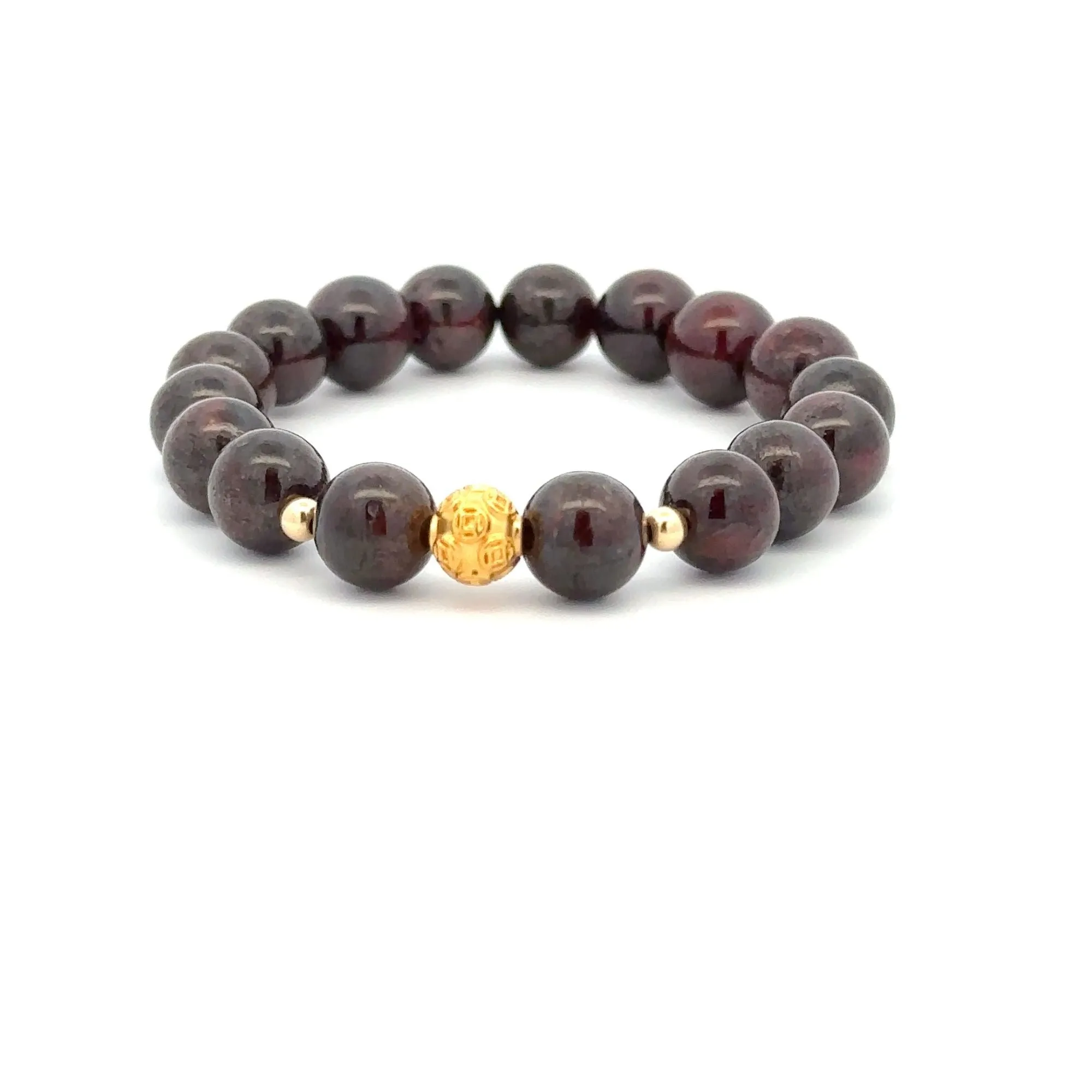 18K Gold Money Ball Lucky Charm Beads Bracelet Gemstones Garnet 8-8.5mm