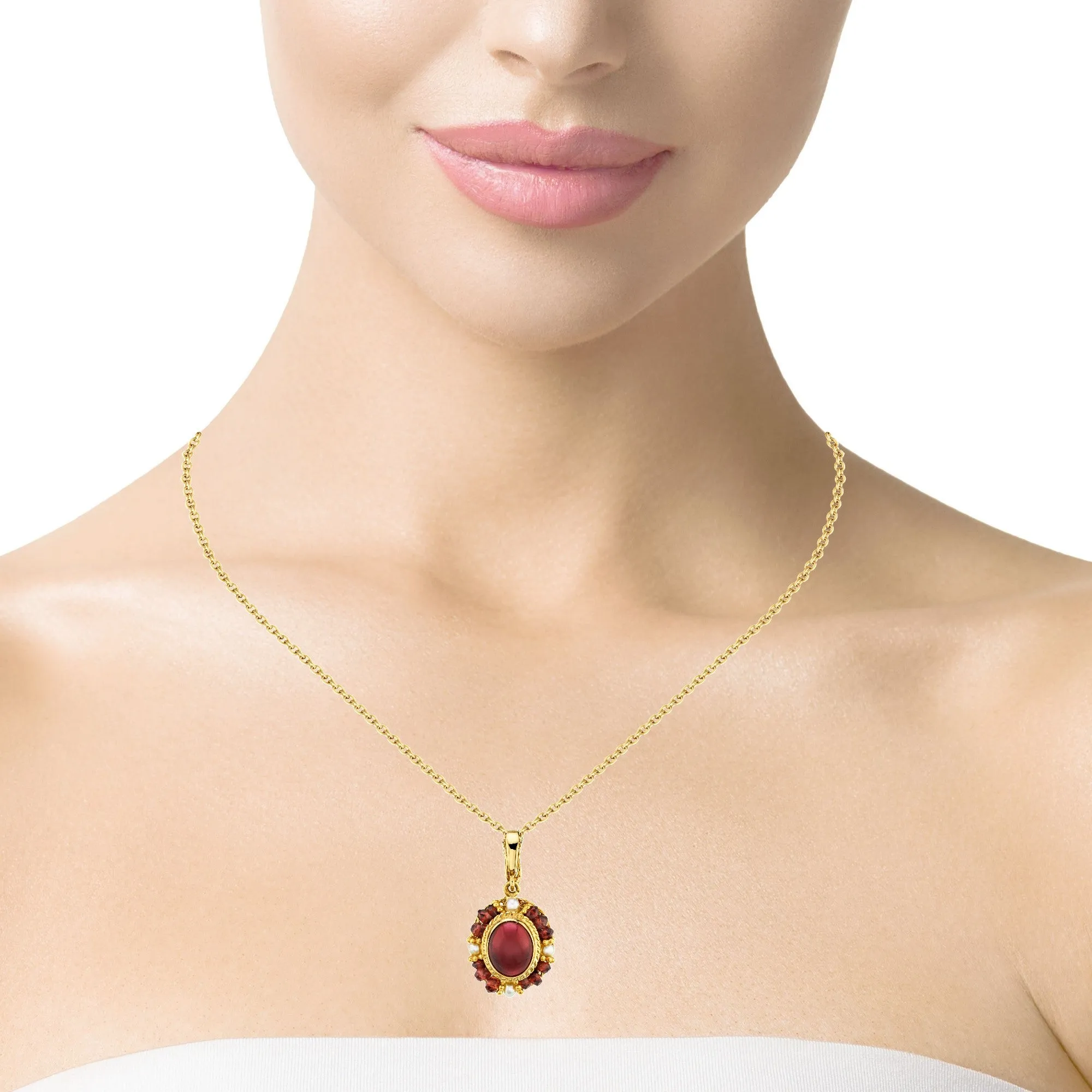 2.74 Carat Garnet Cabochon, Garnet Bead and Seed Pearl Filigree Necklace