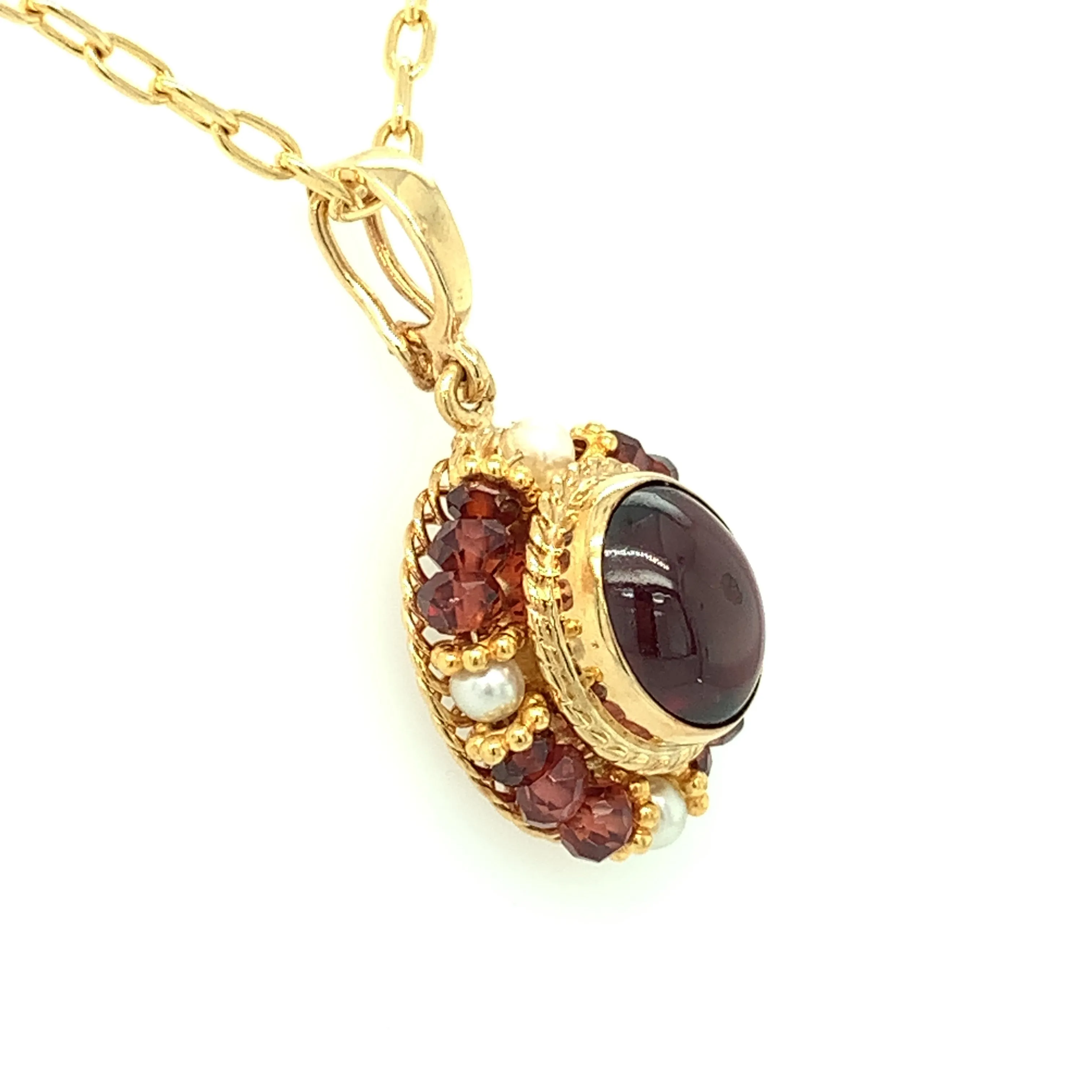 2.74 Carat Garnet Cabochon, Garnet Bead and Seed Pearl Filigree Necklace
