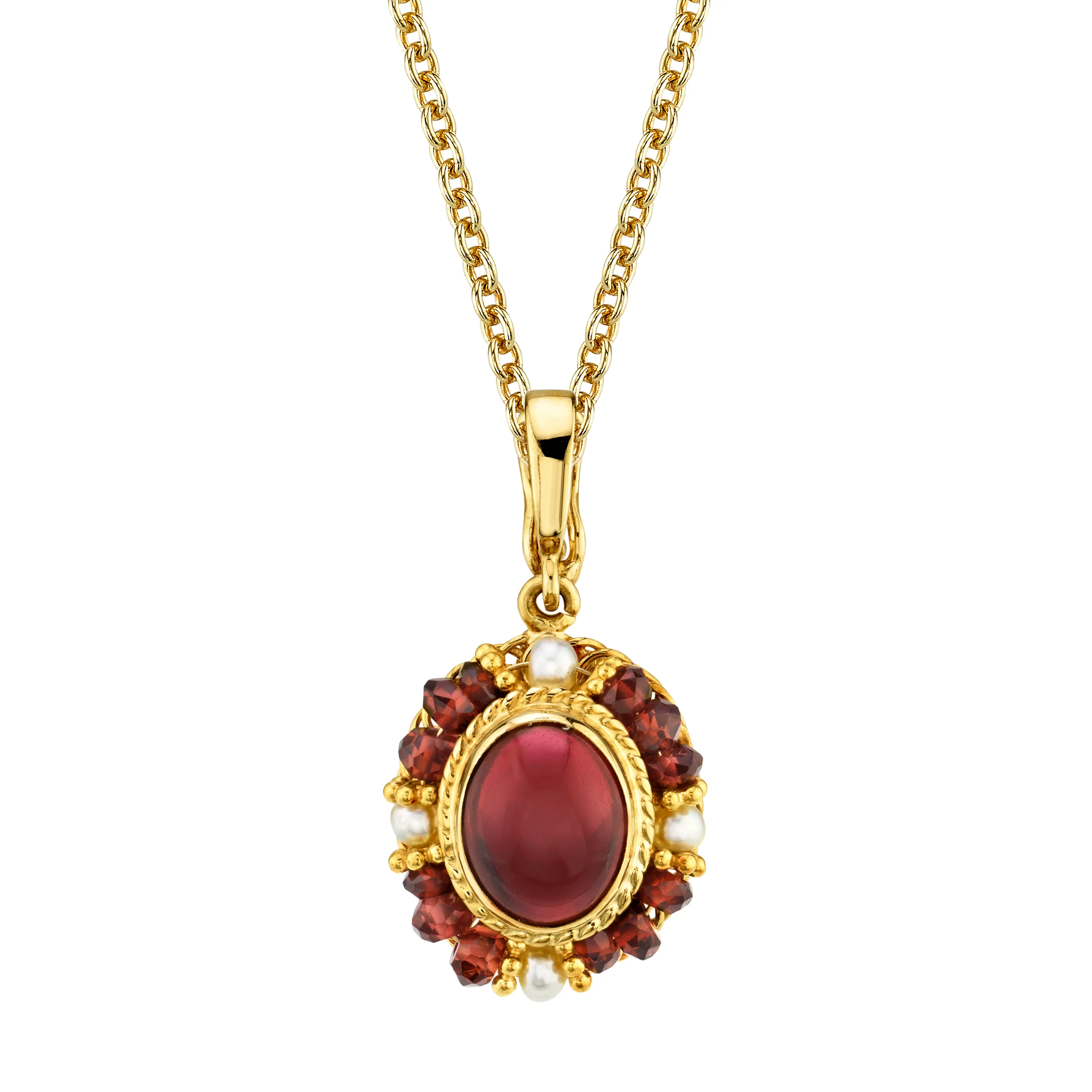 2.74 Carat Garnet Cabochon, Garnet Bead and Seed Pearl Filigree Necklace