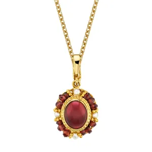 2.74 Carat Garnet Cabochon, Garnet Bead and Seed Pearl Filigree Necklace