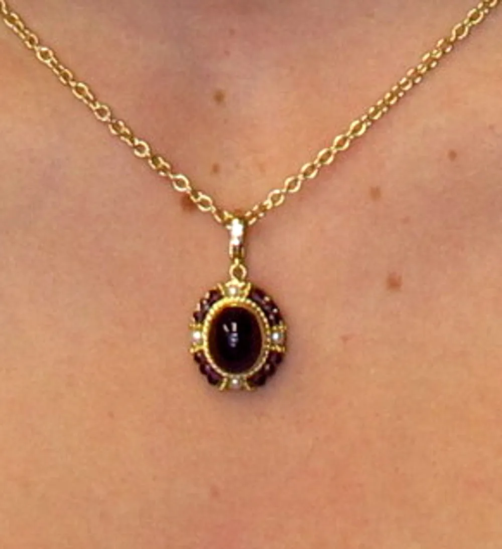 2.74 Carat Garnet Cabochon, Garnet Bead and Seed Pearl Filigree Necklace