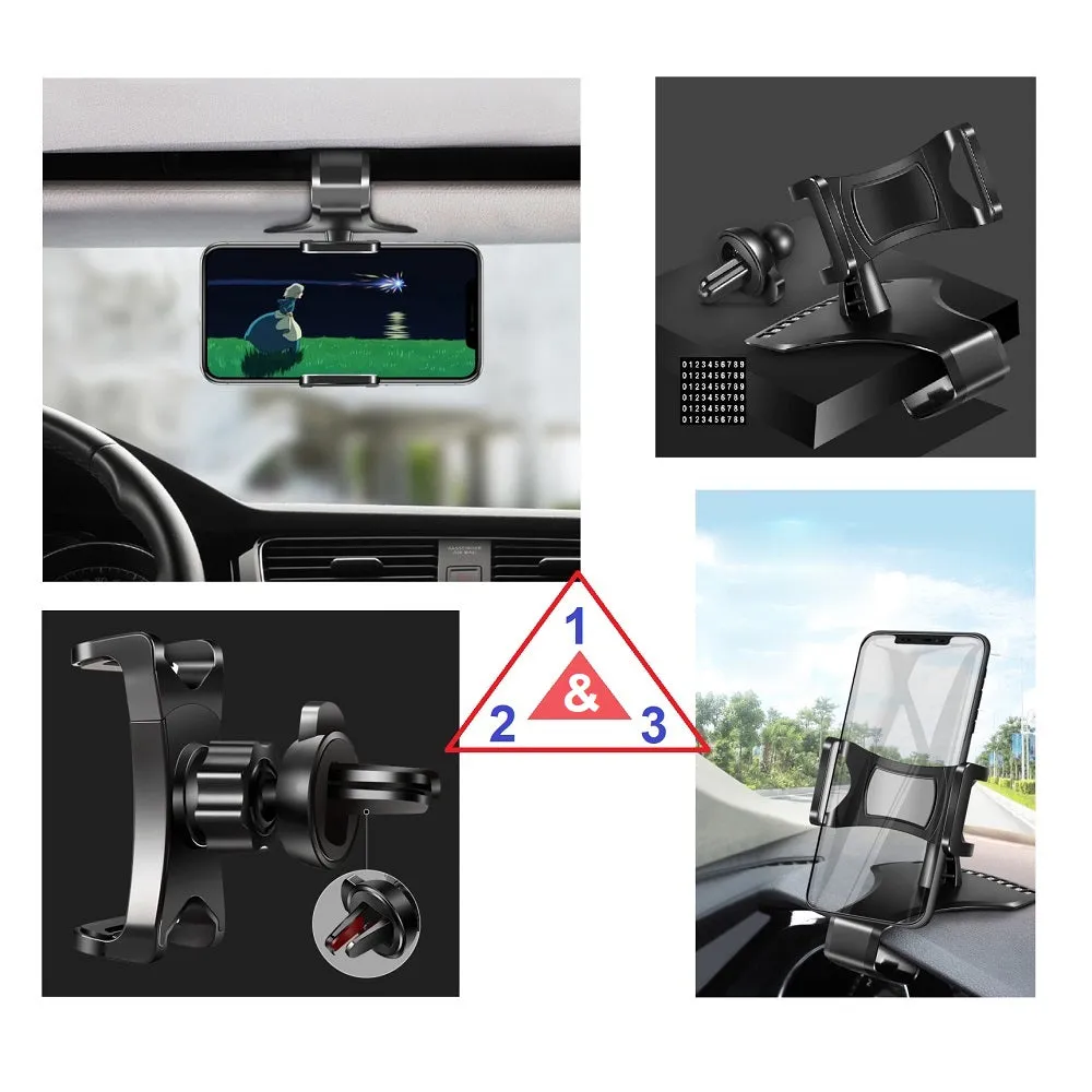 3 in 1 Car GPS Smartphone Holder: Dashboard / Visor Clamp   AC Grid Clip for iBall Majestic 2.4D - Black