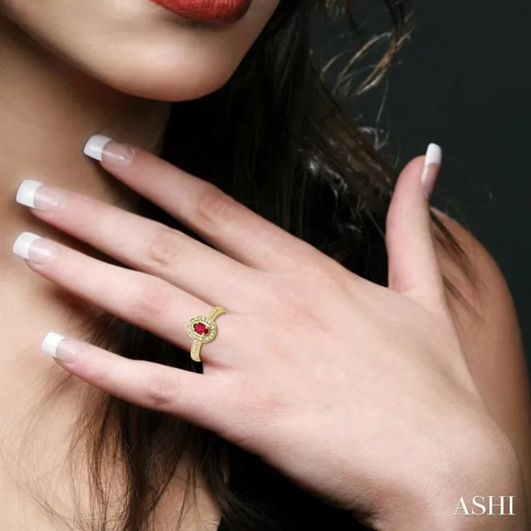 5x3 MM oval cut Ruby and 1/10 Ctw Single Cut Diamond Ring in 10K Yellow Gold.