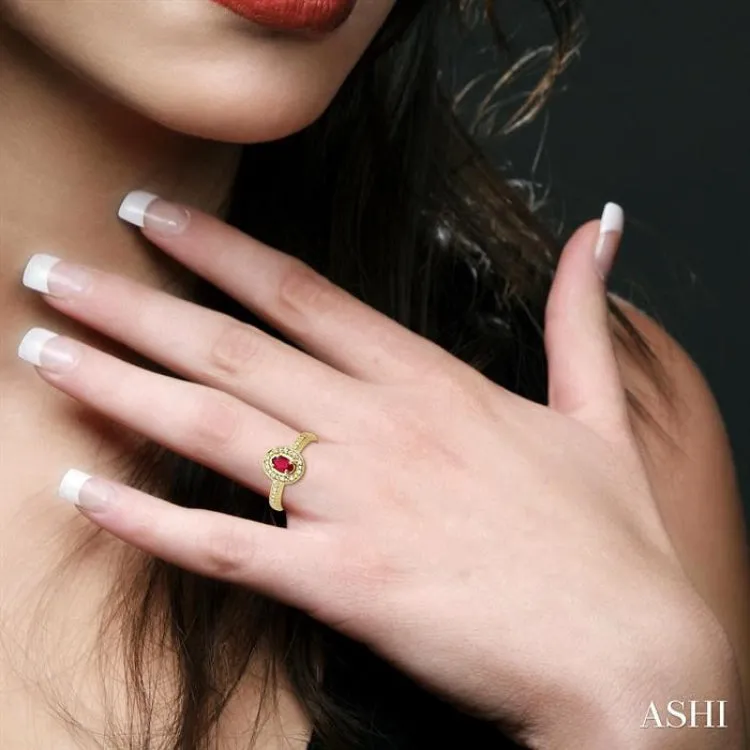 5x3 MM oval cut Ruby and 1/10 ctw Single Cut Diamond Ring in 14K Yellow Gold.