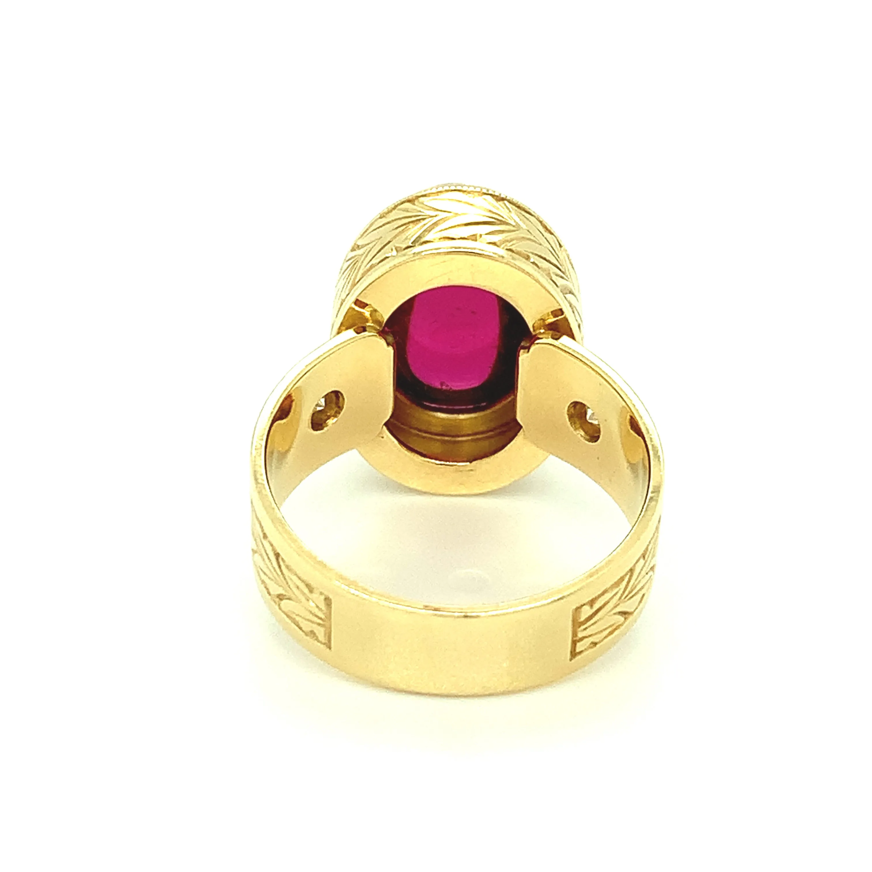 7.47 Carat Rubellite Tourmaline Cabochon Diamond Yellow Gold Dome Band Ring
