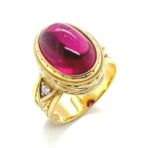 7.47 Carat Rubellite Tourmaline Cabochon Diamond Yellow Gold Dome Band Ring