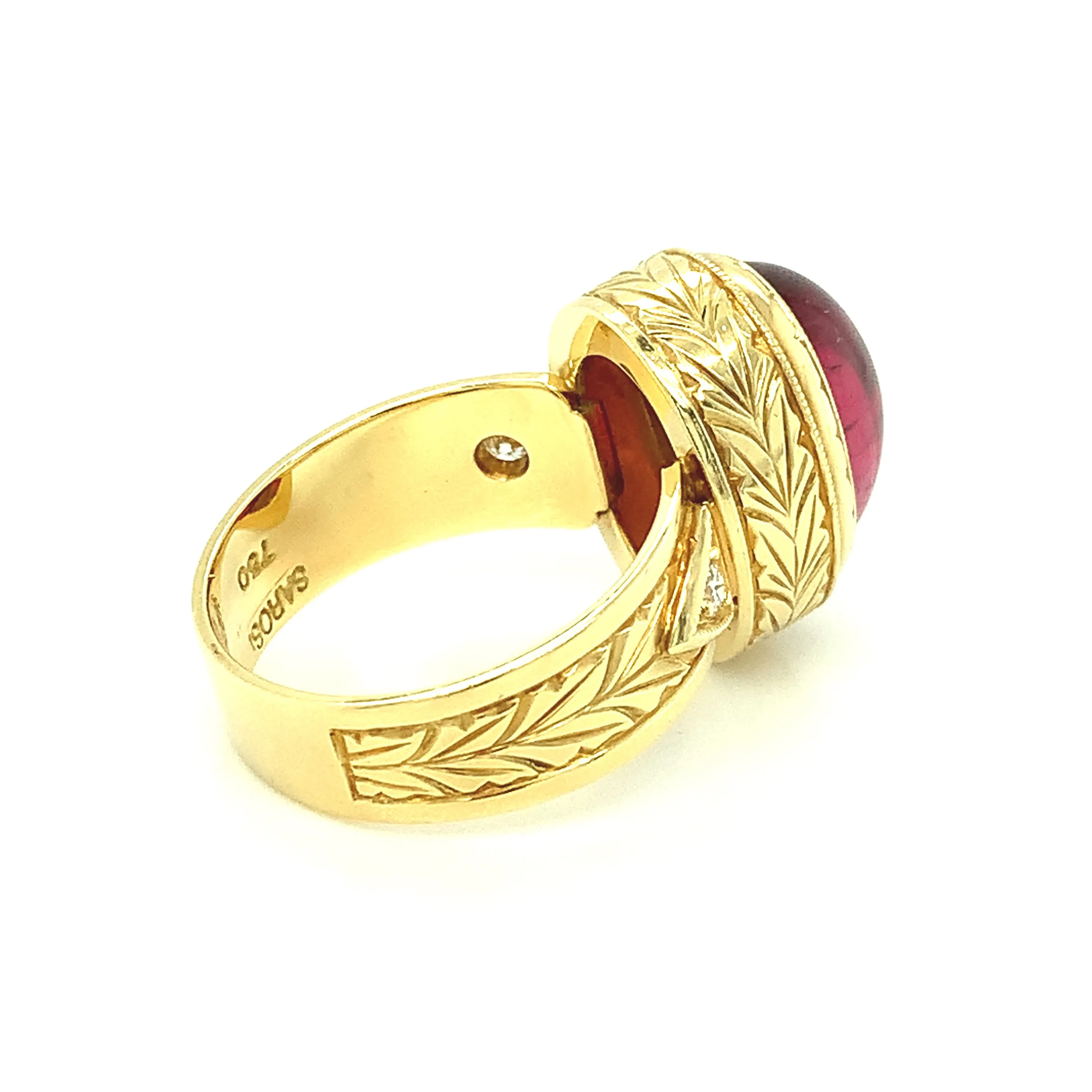 7.47 Carat Rubellite Tourmaline Cabochon Diamond Yellow Gold Dome Band Ring