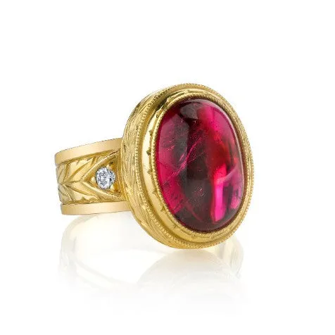 7.47 Carat Rubellite Tourmaline Cabochon Diamond Yellow Gold Dome Band Ring