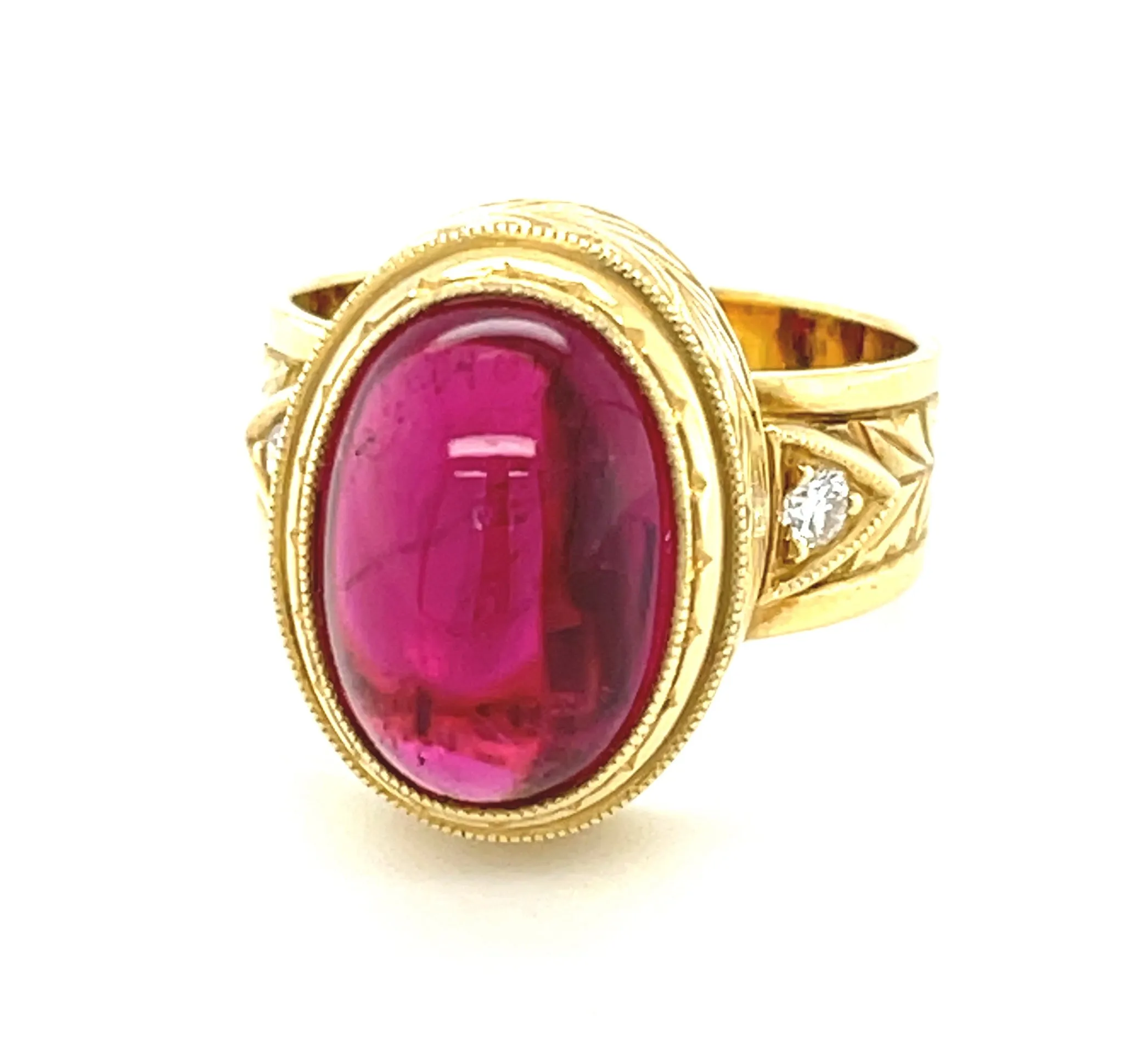 7.47 Carat Rubellite Tourmaline Cabochon Diamond Yellow Gold Dome Band Ring