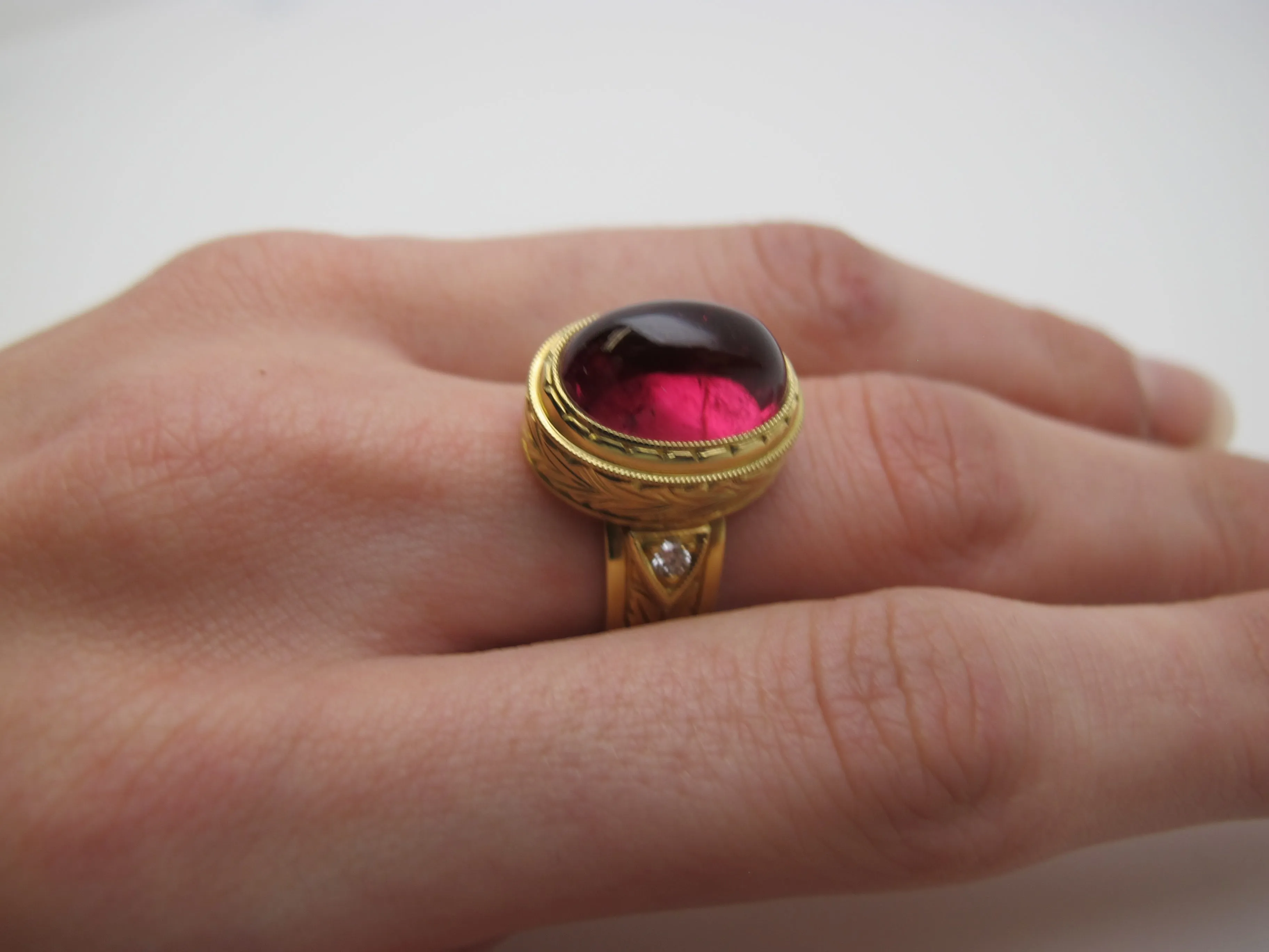 7.47 Carat Rubellite Tourmaline Cabochon Diamond Yellow Gold Dome Band Ring