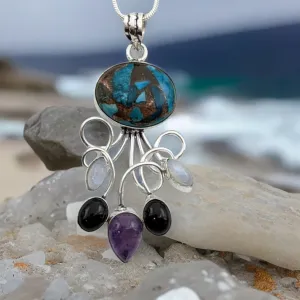 925 Sterling Silver, Turquoise mixed Copper, Moonstone, Amethyst & Onyx, Necklace