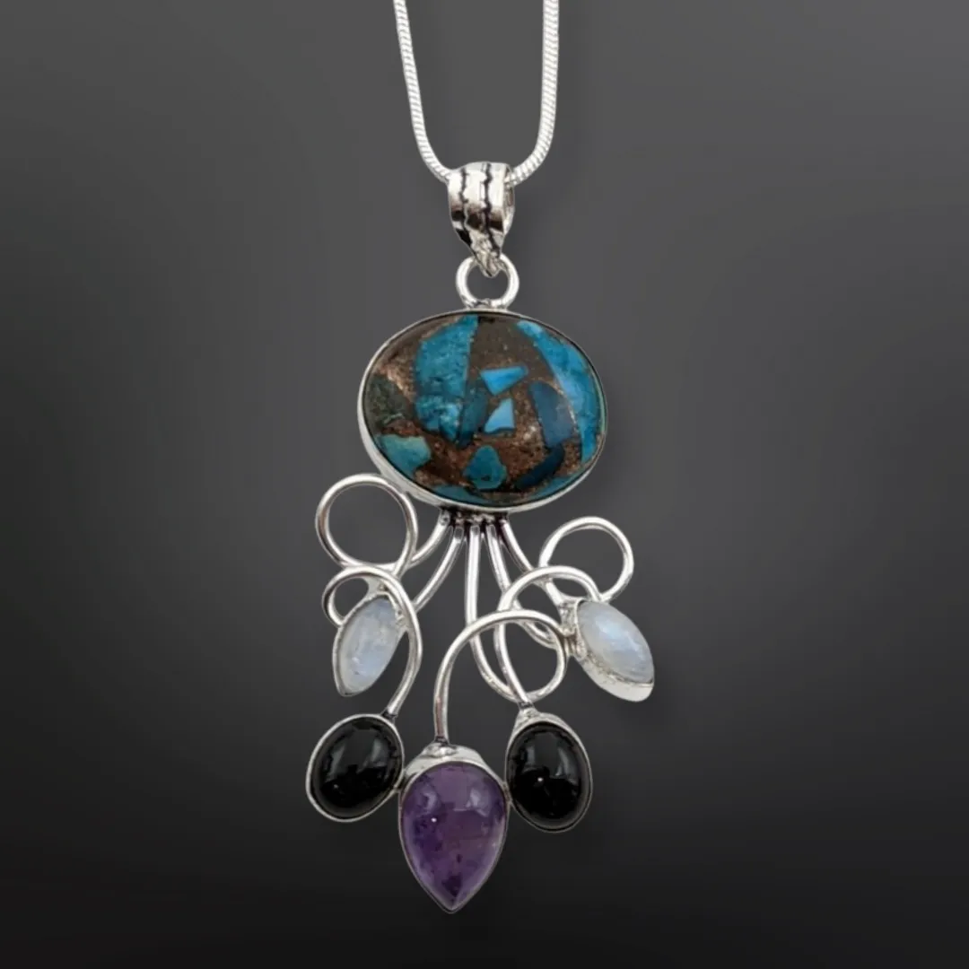 925 Sterling Silver, Turquoise mixed Copper, Moonstone, Amethyst & Onyx, Necklace