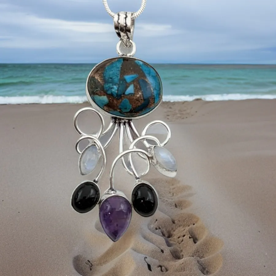 925 Sterling Silver, Turquoise mixed Copper, Moonstone, Amethyst & Onyx, Necklace