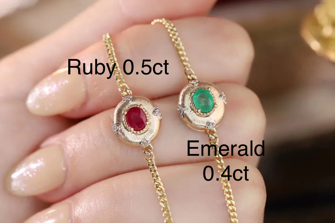 Art Deco 18K Solid Gold Genuine Ruby , Emerald Cuban chain Bracelet /Bridal Bracelet/Wedding ,engagement K gold Ruby Bracelet/Gift for her