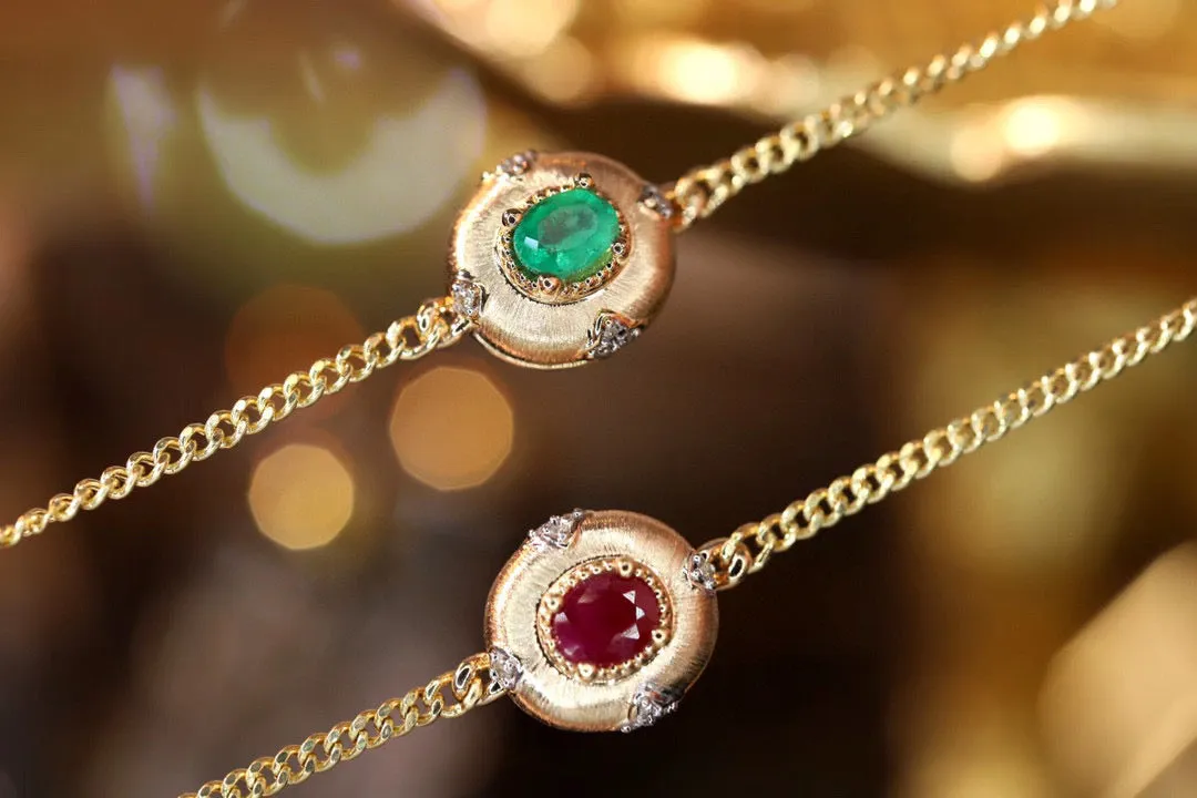 Art Deco 18K Solid Gold Genuine Ruby , Emerald Cuban chain Bracelet /Bridal Bracelet/Wedding ,engagement K gold Ruby Bracelet/Gift for her