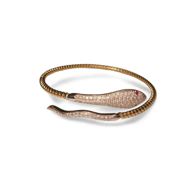 Beautiful 14K Yellow Gold Diamond Snake Ruby Bangle Bracelet