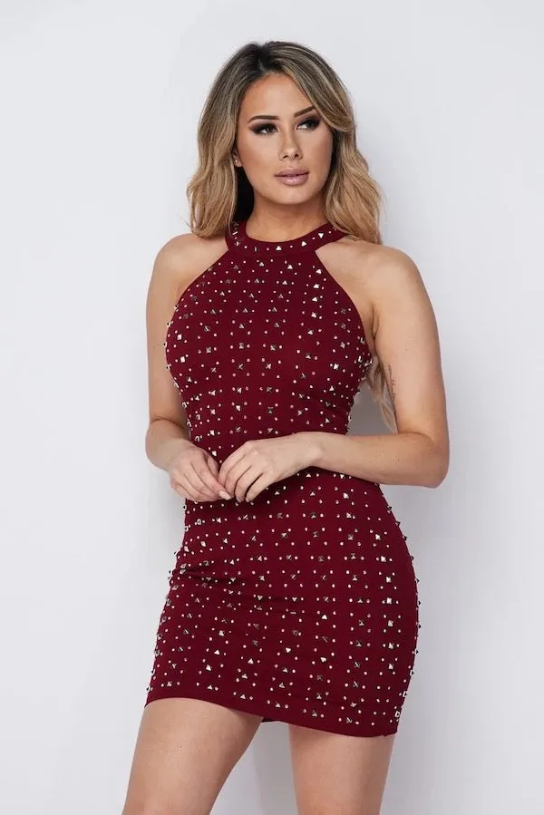 Choker Neck Rhinestones and Studs Dress