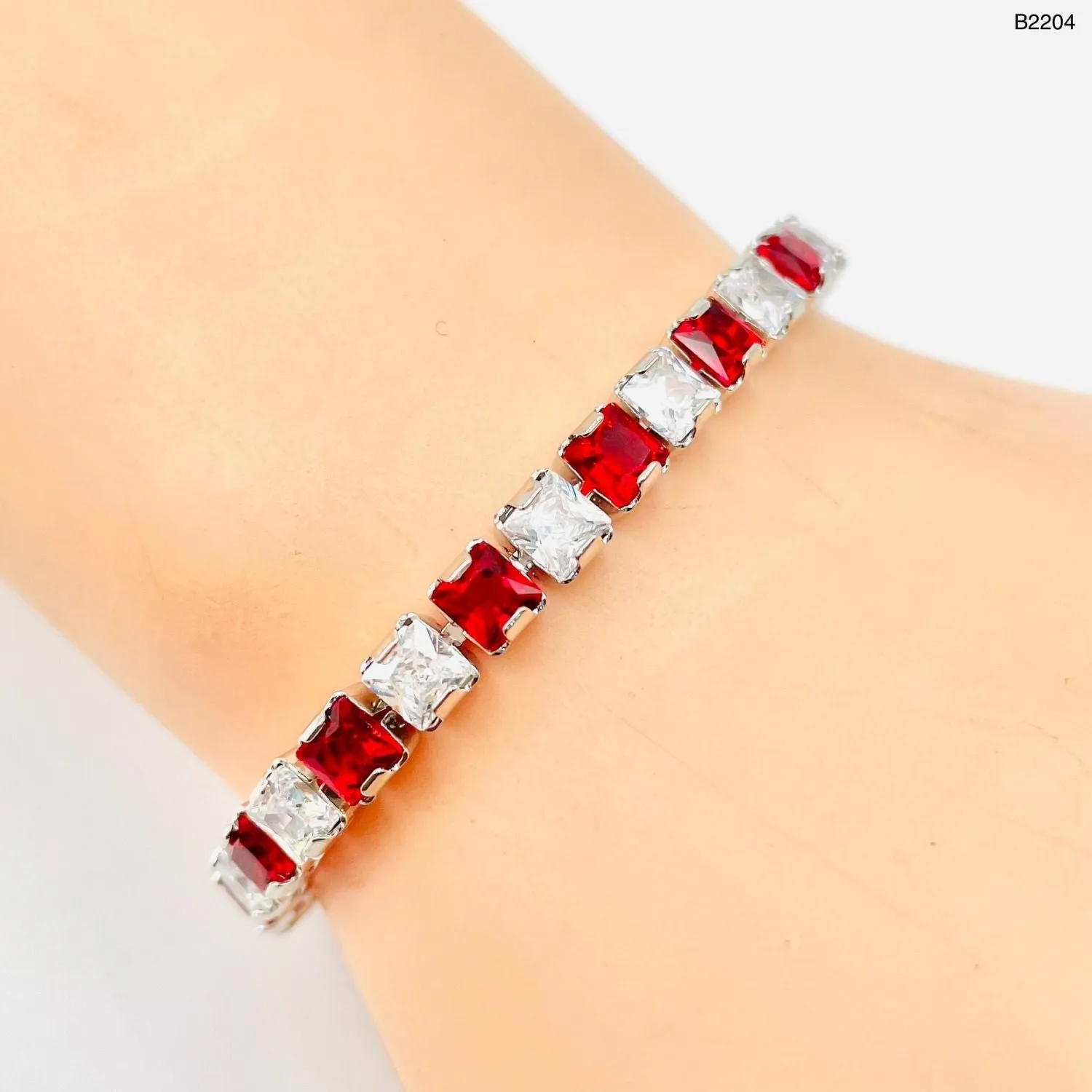 Classic Princess Cubic Zirconia Ruby Red Tennis Bracelet For Women