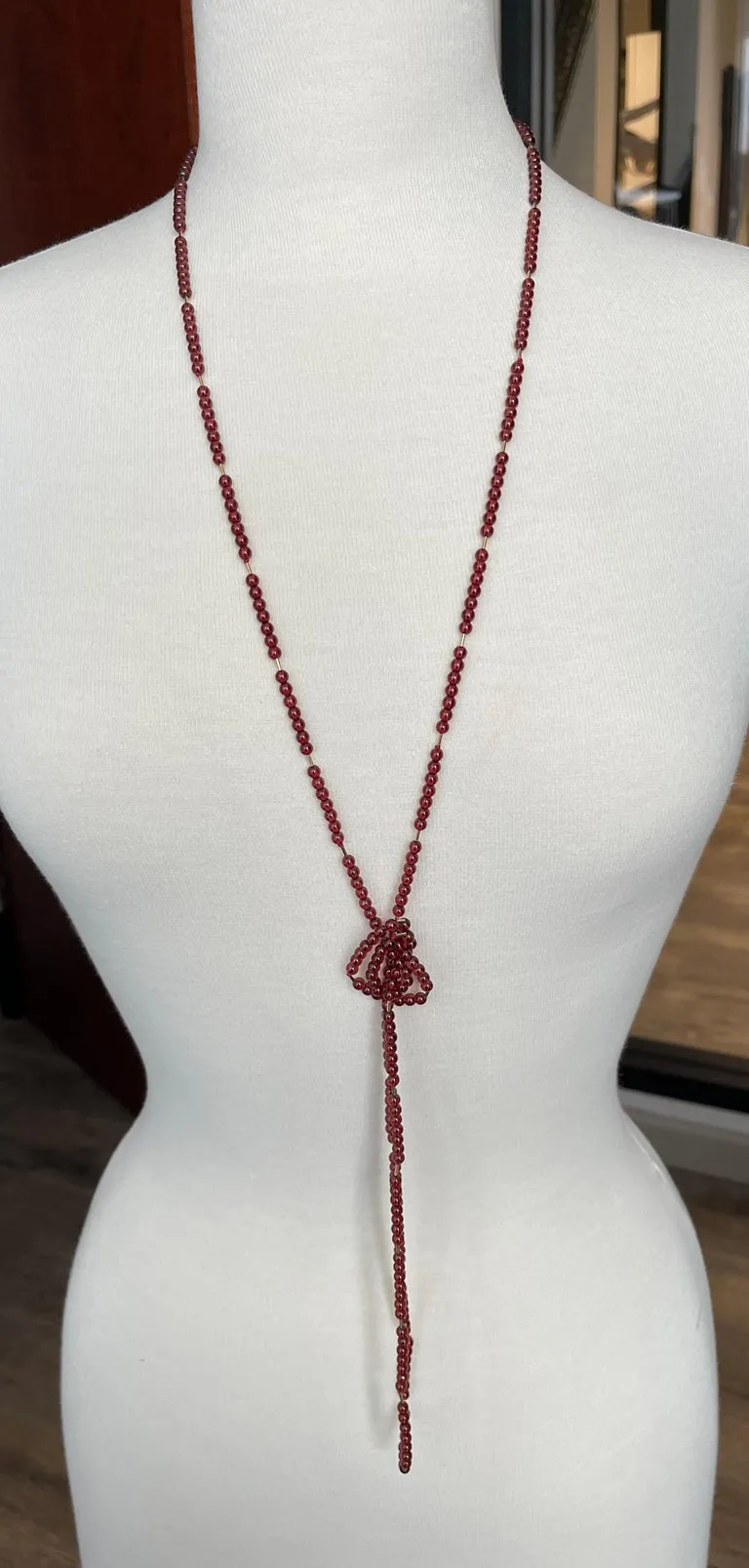 Cranberry Garnet Bead Necklace, Yellow Gold Accents & Clasp