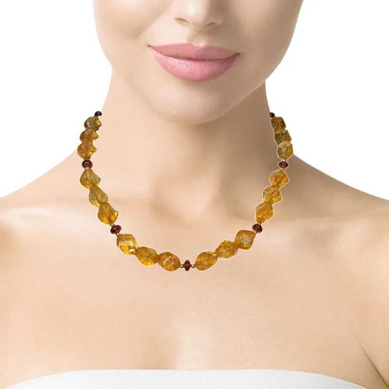 Faceted Citrine Nugget Beaded Necklace with Garnets and Yellow Gold