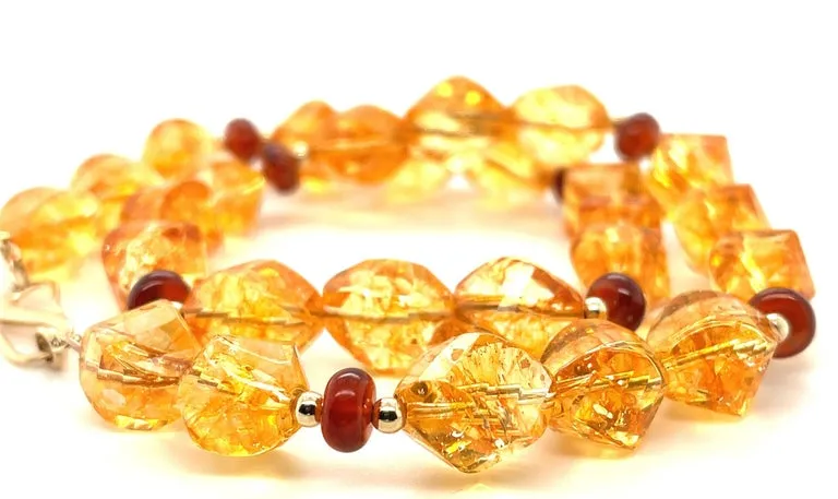 Faceted Citrine Nugget Beaded Necklace with Garnets and Yellow Gold