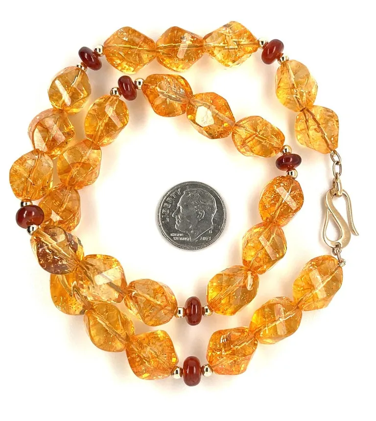 Faceted Citrine Nugget Beaded Necklace with Garnets and Yellow Gold