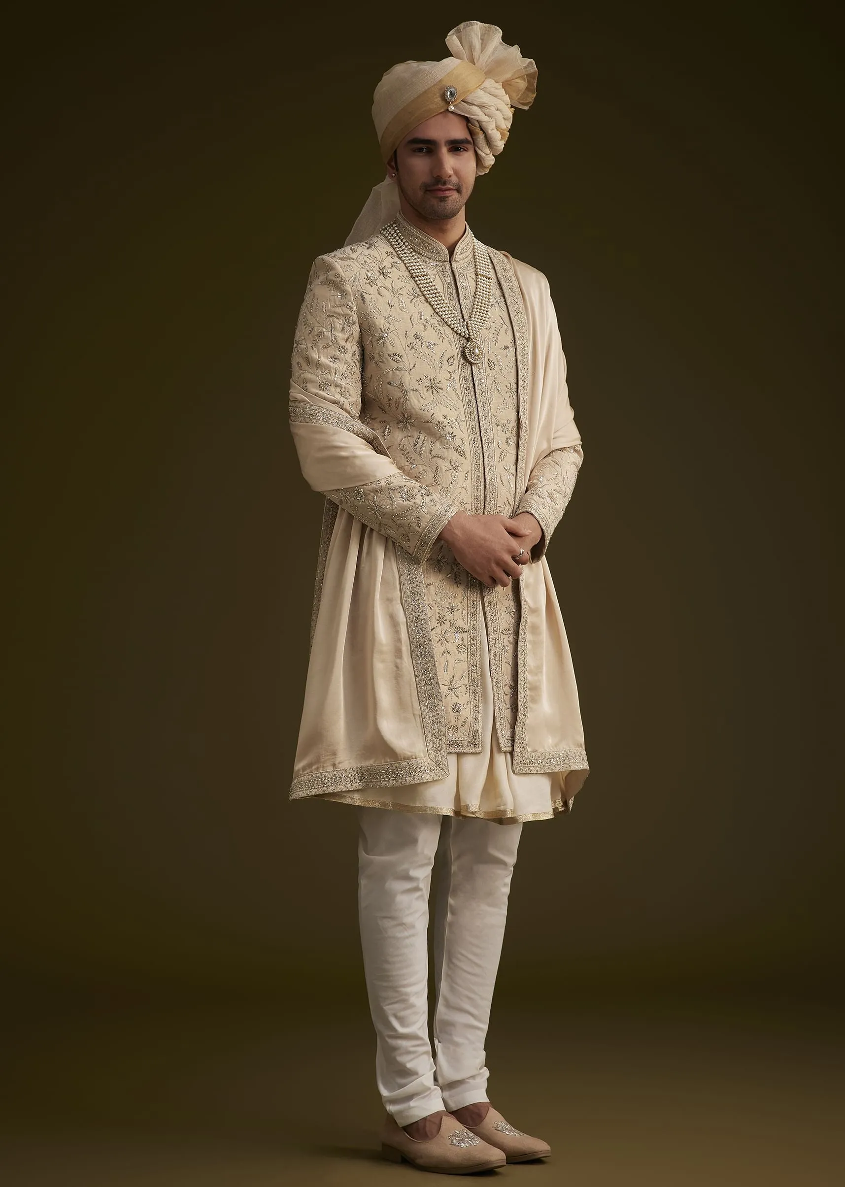 Fawn Silk Sherwani With Zardosi Embroidery