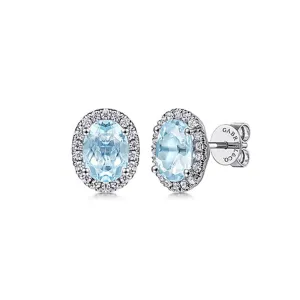 Gabriel & Co 14K White Gold Oval Halo Aquamarine and Diamond Stud Earrings