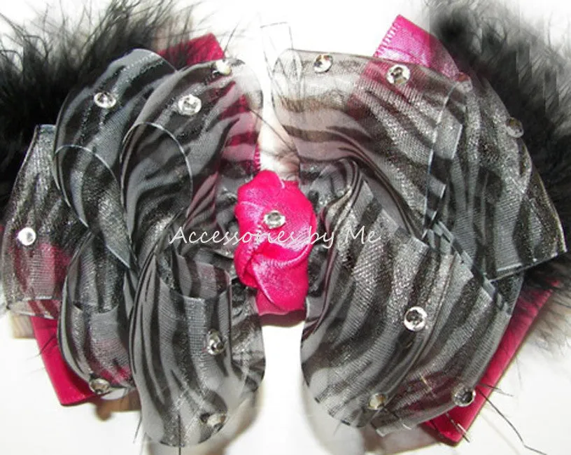 Glitzy Zebra Organza Hot Pink Marabou Hair Bow