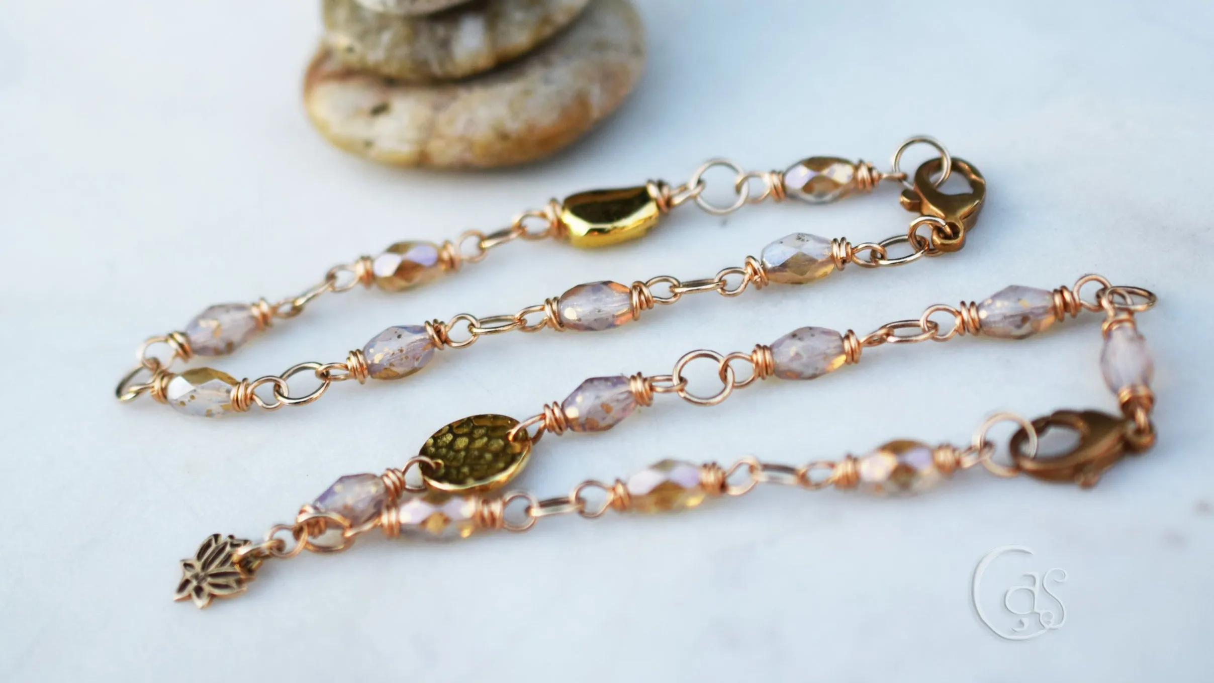 Gold Beaded Bracelet. Milky Moonstone Golden Glass Lotus Charm Golden Sun