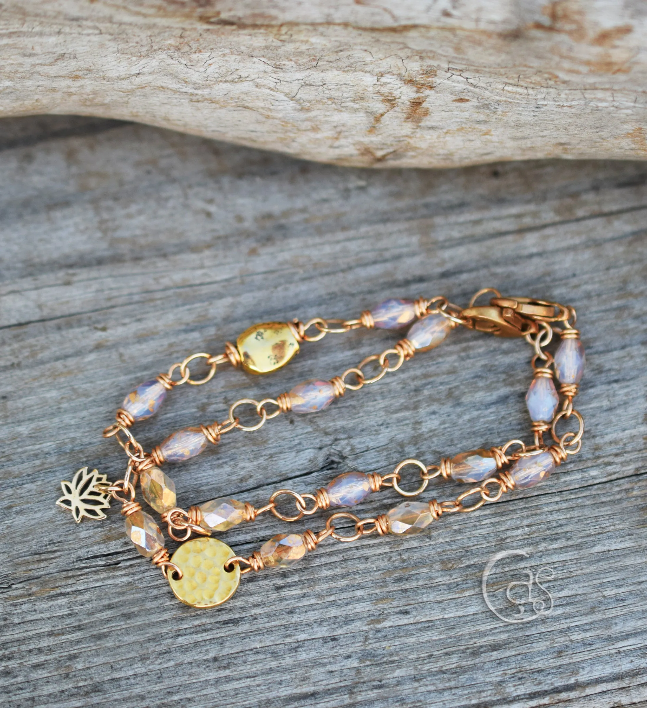 Gold Beaded Bracelet. Milky Moonstone Golden Glass Lotus Charm Golden Sun