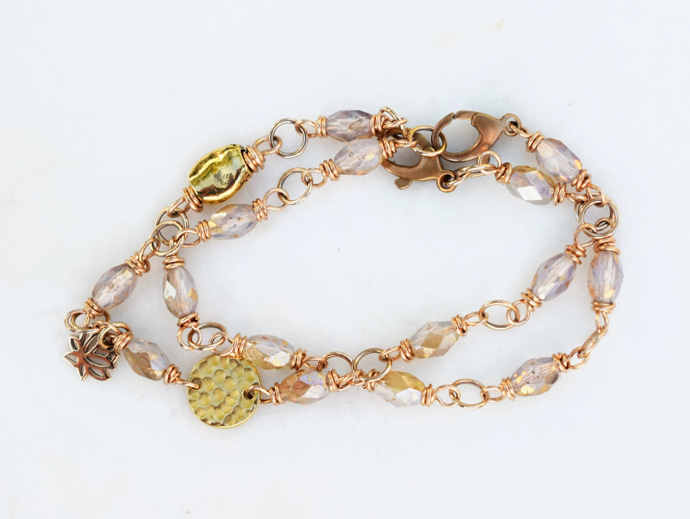 Gold Beaded Bracelet. Milky Moonstone Golden Glass Lotus Charm Golden Sun