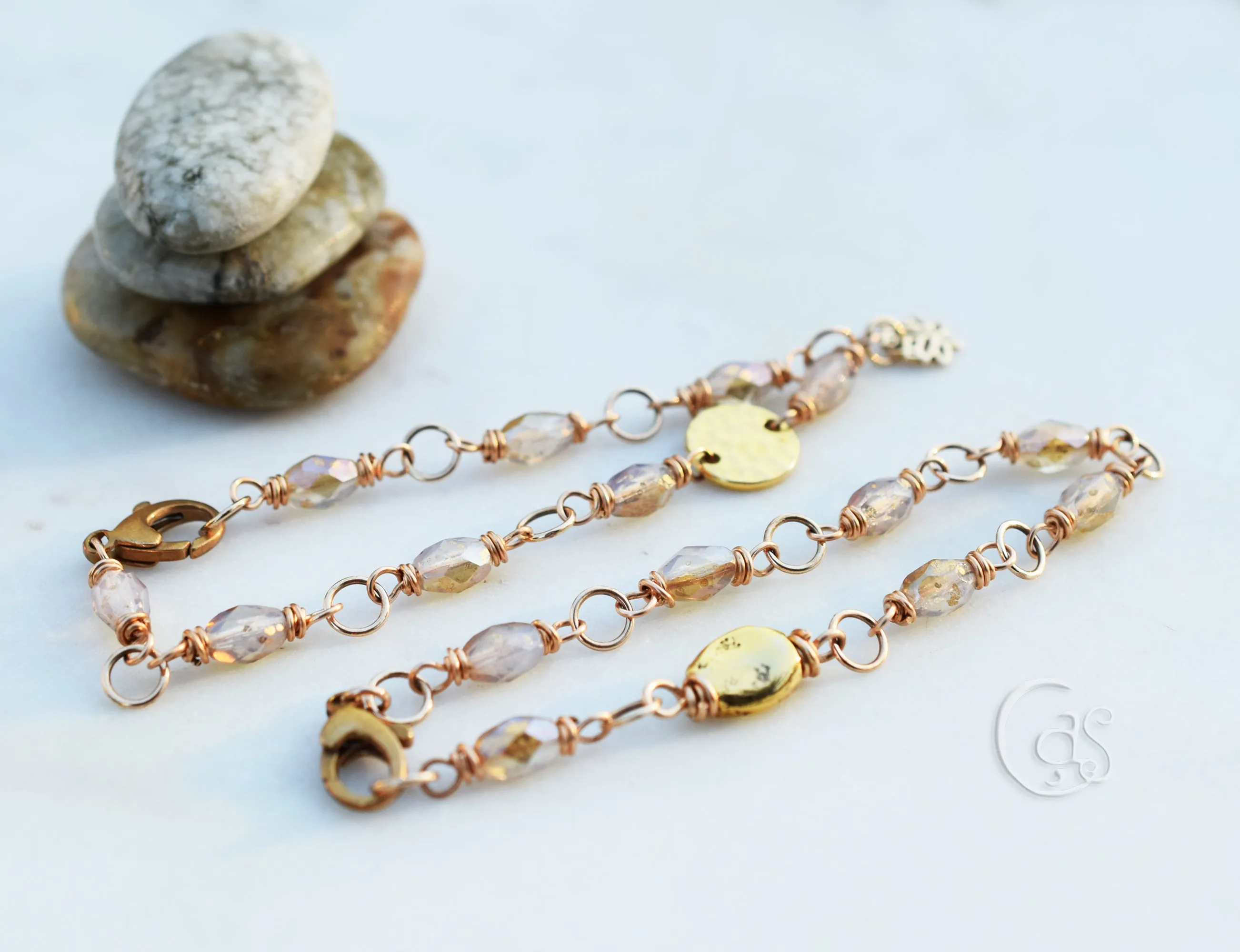 Gold Beaded Bracelet. Milky Moonstone Golden Glass Lotus Charm Golden Sun